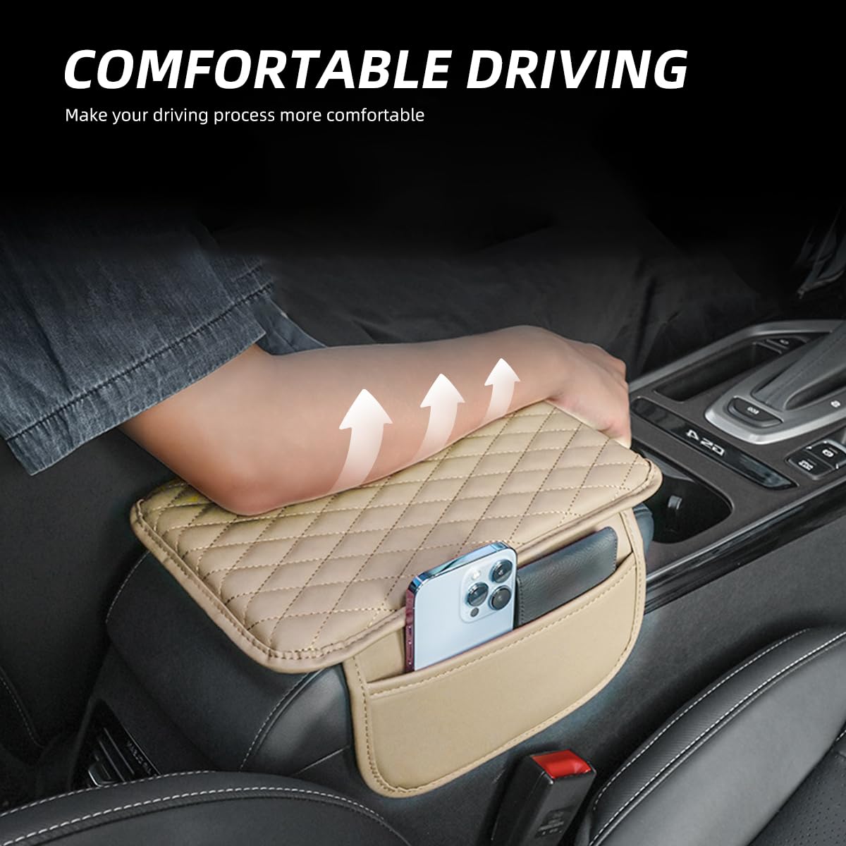 Upgraded Universal Car Center Console Cover with Side Pockets - Microfiber Leather Armrest Cushion Pad for Car Interior Protection (Beige) | Perfect for Long Drives, Commuting & Vehicle Comfort Accessories