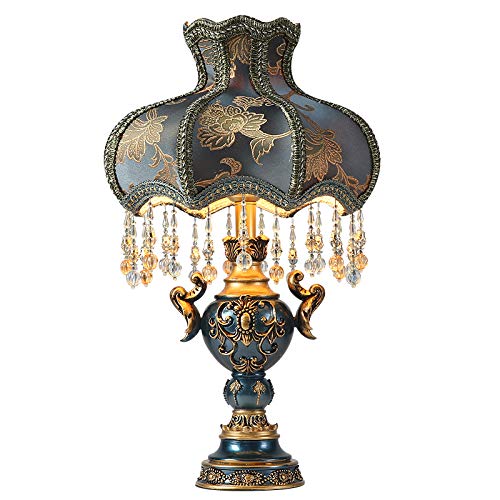 Modern Blue Fabric Lampshade Bedside Table Lamp with Elegant Floral Design - Antique Painted Resin Base Nightstand & Desk Lamp for Living Room, Girls Bedroom - Perfect for Reading, Bedside Lighting & Home Decor
