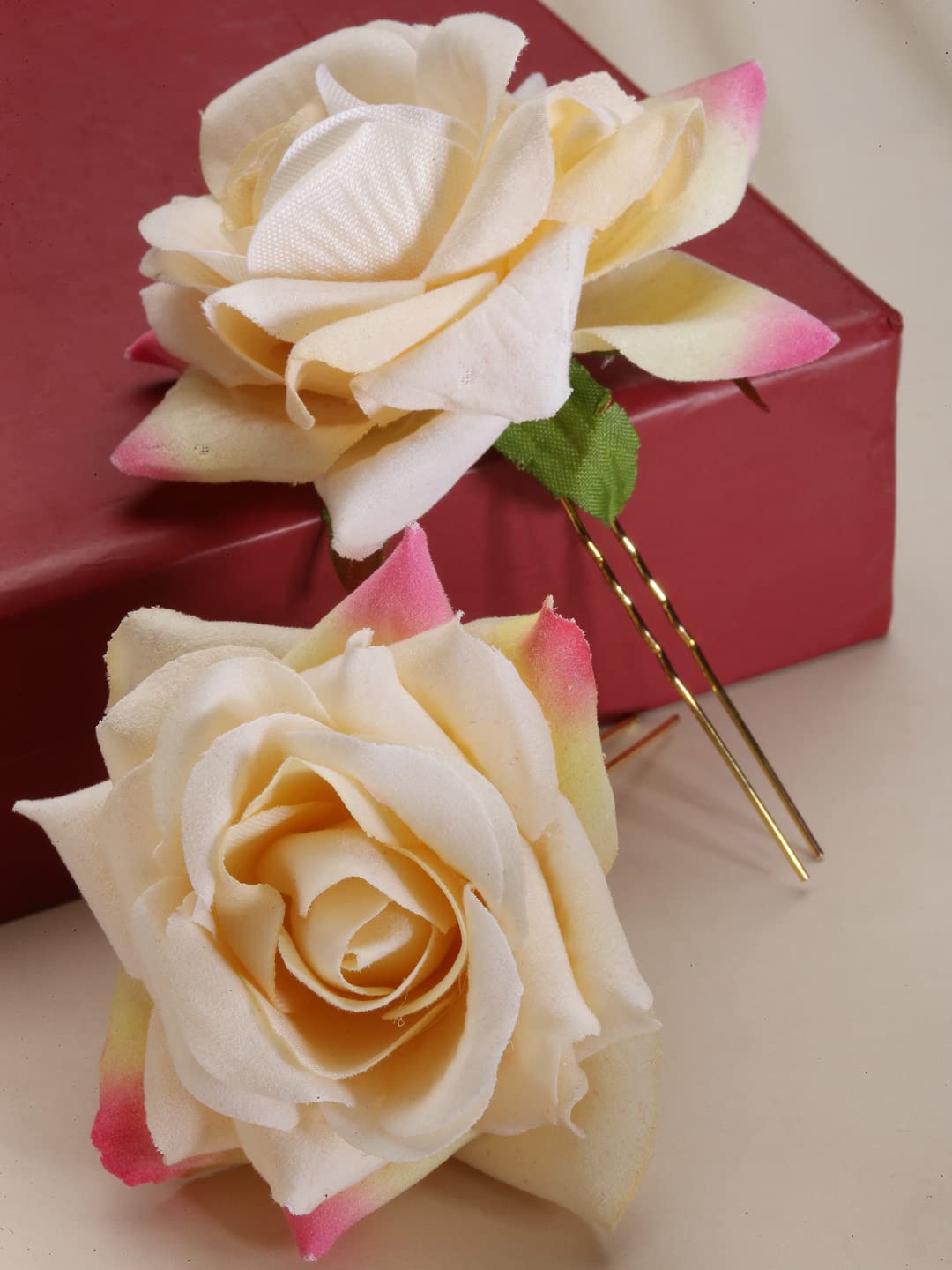 Vogue Rose Flower Bun Maker Hair Pins - 4pcs Maroon & Off-White for Bridal & Party Hairstyles