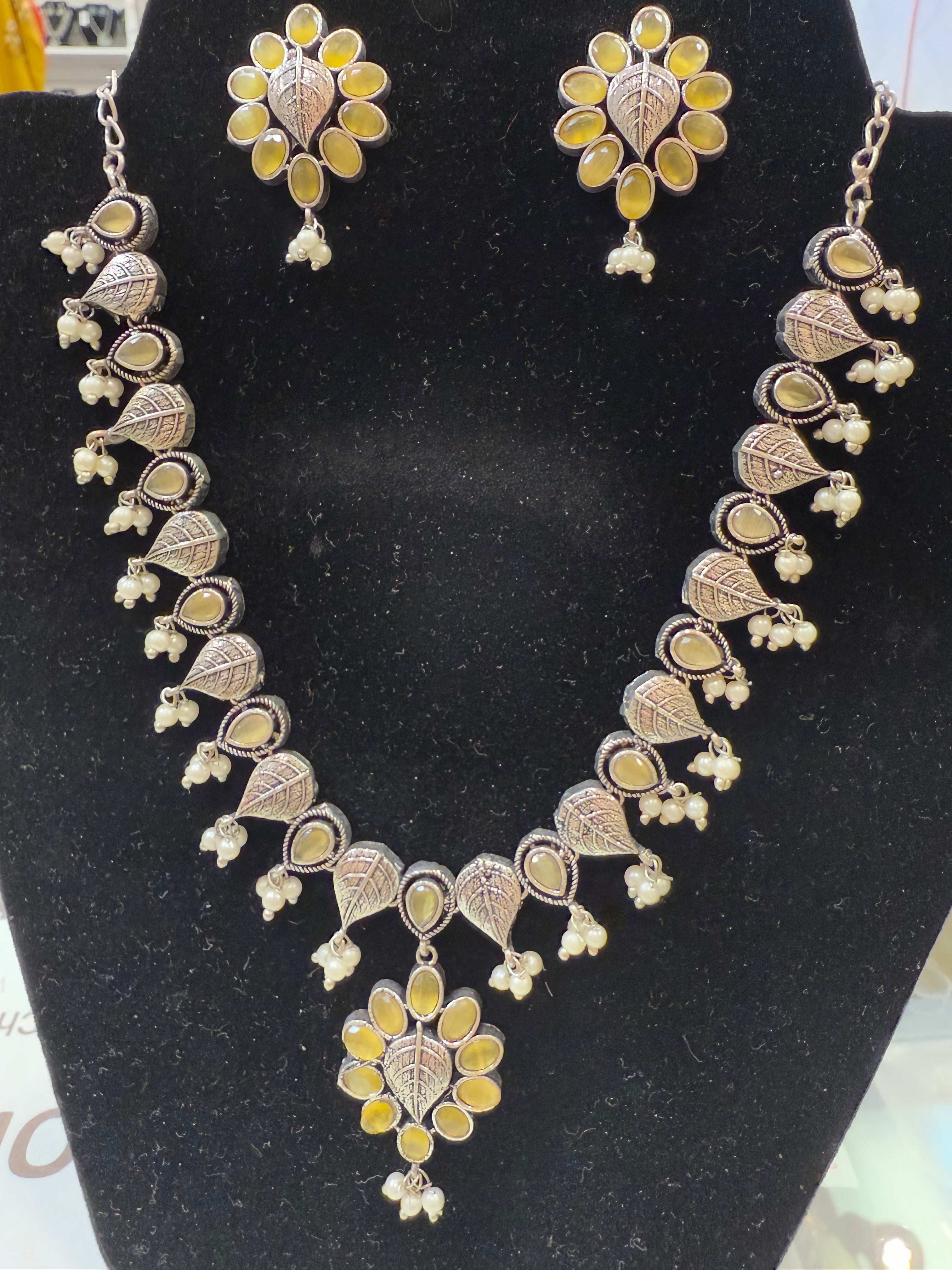 Elegant Silver Plated Oxidized Necklace Set with Pearl Drop Earrings | Light Yellow Jewelry for Women | Perfect for Weddings, Parties & Special Occasions