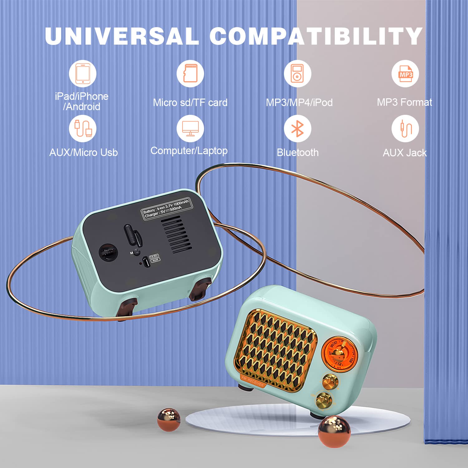 Tendak Portable FM Retro Bluetooth 5.1 Radio with 5W Hi-Fi Speaker, 1000mAh Rechargeable Battery, TF Card/AUX/USB MP3 Player - Perfect for Travel, Camping, Outdoor Adventures & Home Use