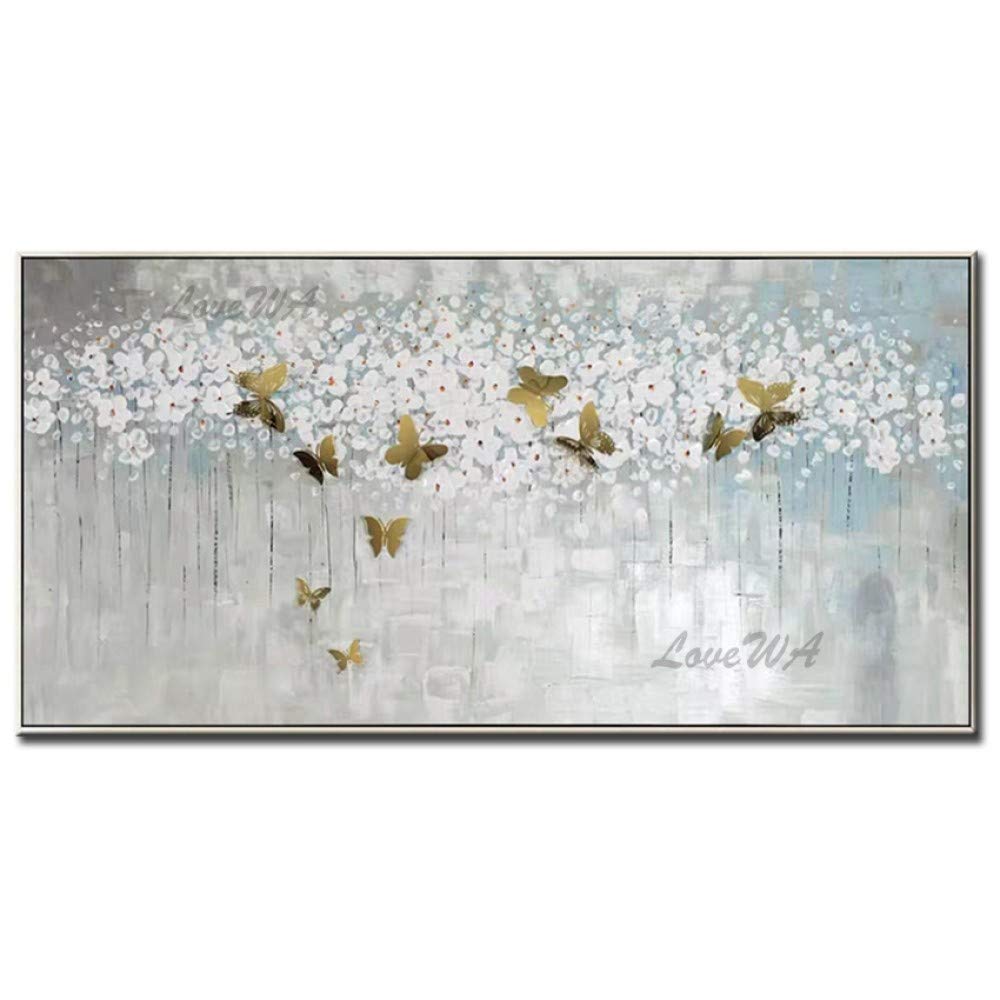 Hand Painted Oil Painting on Canvas - White Knife Flowers & Butterfly Design - Modern Wall Art for Living Room, Bedroom, Kitchen Decor - 32x64 Inch Home Decoration - Perfect for Housewarming Gifts & Interior Design