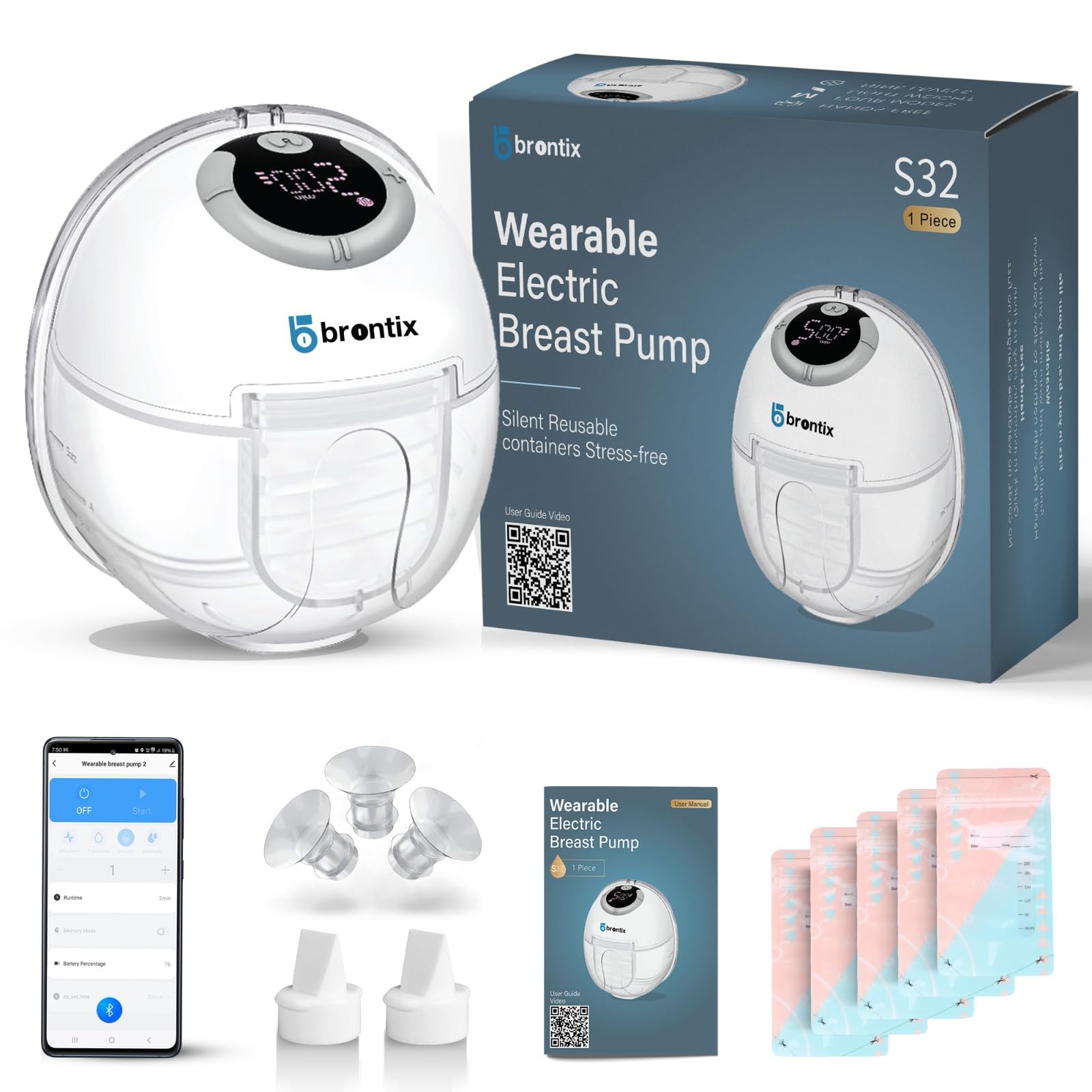BRONTIX S32 Hands-Free Electric Breast Pump - Automatic Wearable Breastfeeding Pump for Nursing Mothers - Portable & Rechargeable Milk Pump for On-the-Go Use - Perfect for Work, Travel & Nighttime Feeding