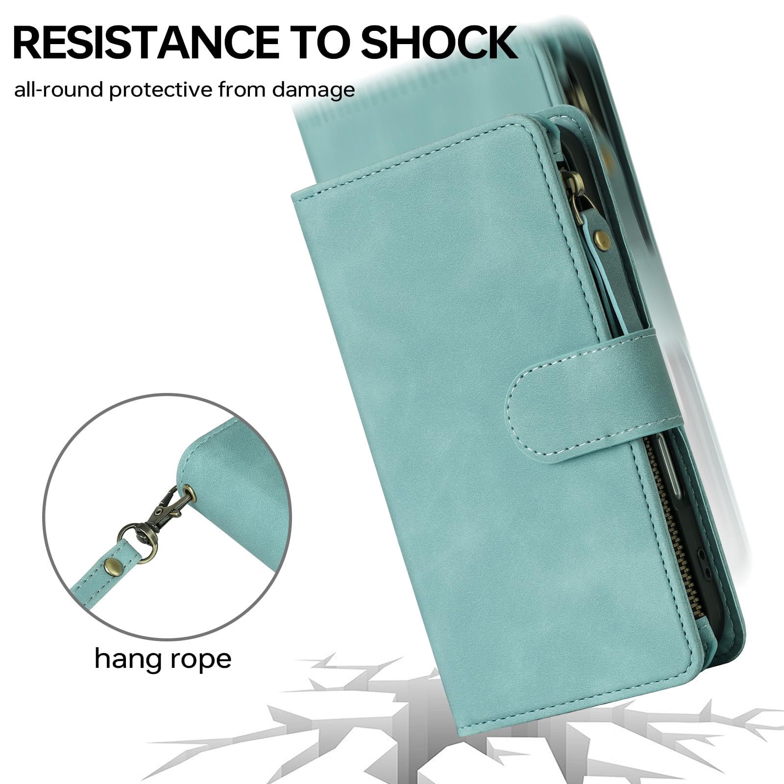 Premium PU Leather Wallet Case for iPhone 16 Pro Max - RFID Blocking Credit Card Holder with Zipper Pocket & Wrist Strap | Protective Cover for Daily Use, Travel & Business (Baby Blue)