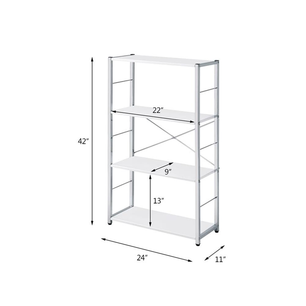 Acme Tennos 4-Tier Wooden Bookshelf with Sturdy Metal Frame - White & Chrome Finish for Living Room, Bedroom, Office Storage & Organization