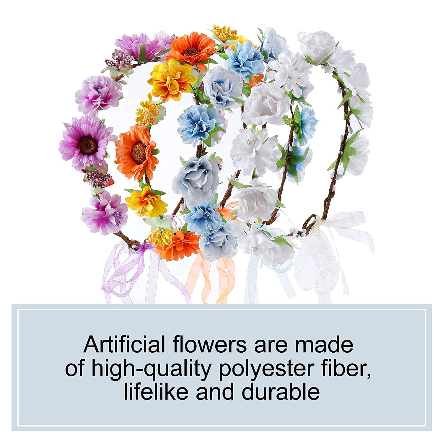 8 Pack Boho Flower Crown Headbands - Adjustable Handmade Daisy Rose Sunflower Tiara Wreath for Women, Brides, Bridesmaids, Girls & Teens - Perfect for Weddings, Hawaiian Parties, Festivals & Photo Shoots