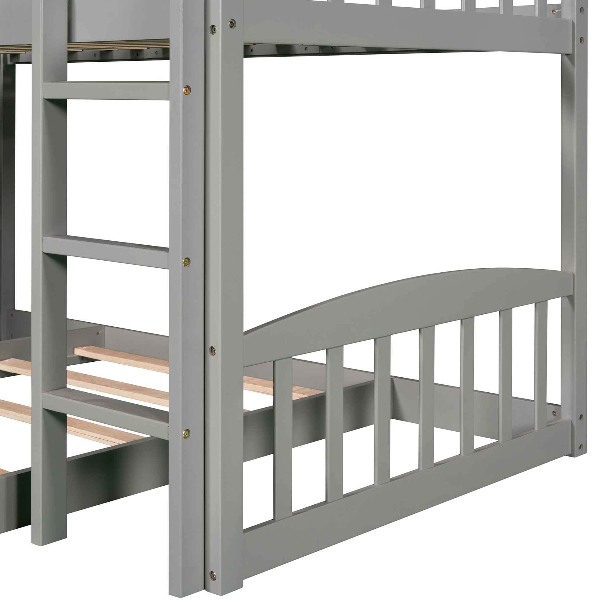 ATY House Twin Over Twin Wooden Bunk Bed for Kids with Slide, Roof, Guardrail & Ladder - No Box Spring Needed - Space-Saving Gray Bunkbed for Bedrooms, Guest Rooms & Vacation Homes
