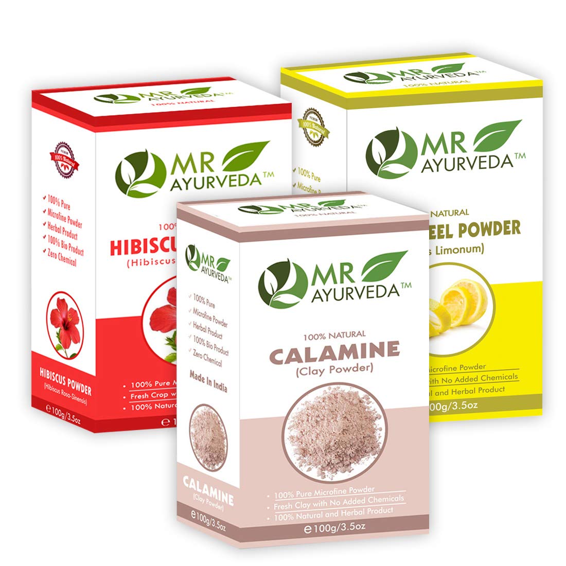 MR Ayurveda Calamine Clay Powder, Hibiscus Flower Powder & Lemon Peel Powder - 3-in-1 Natural Skincare Set (100g Each) for Acne Treatment, Hair Care & Skin Brightening | DIY Face Masks & Beauty Recipes