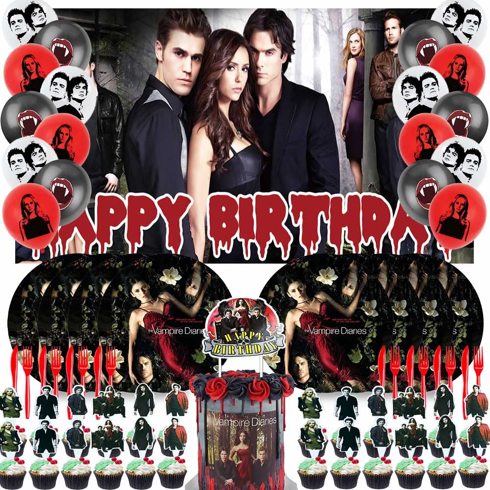 ALIDEAL Vampire Diaries Party Supplies Kit - Halloween Decorations Set with Banner, Balloons, Cake Topper, Backdrop & Paper Plates | Perfect for TV Show Themed Birthday Parties, Halloween Celebrations & Cosplay Events