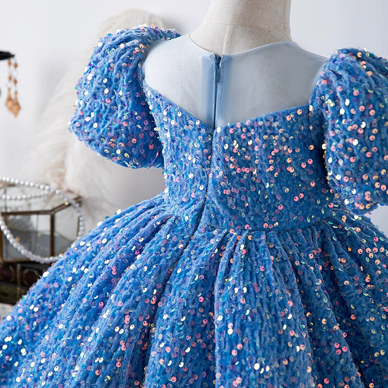 Royal Blue Princess Round Tea-Length Sequined Flower Girl Dress for Weddings & Special Occasions - Perfect for Bridal Parties & Formal Events