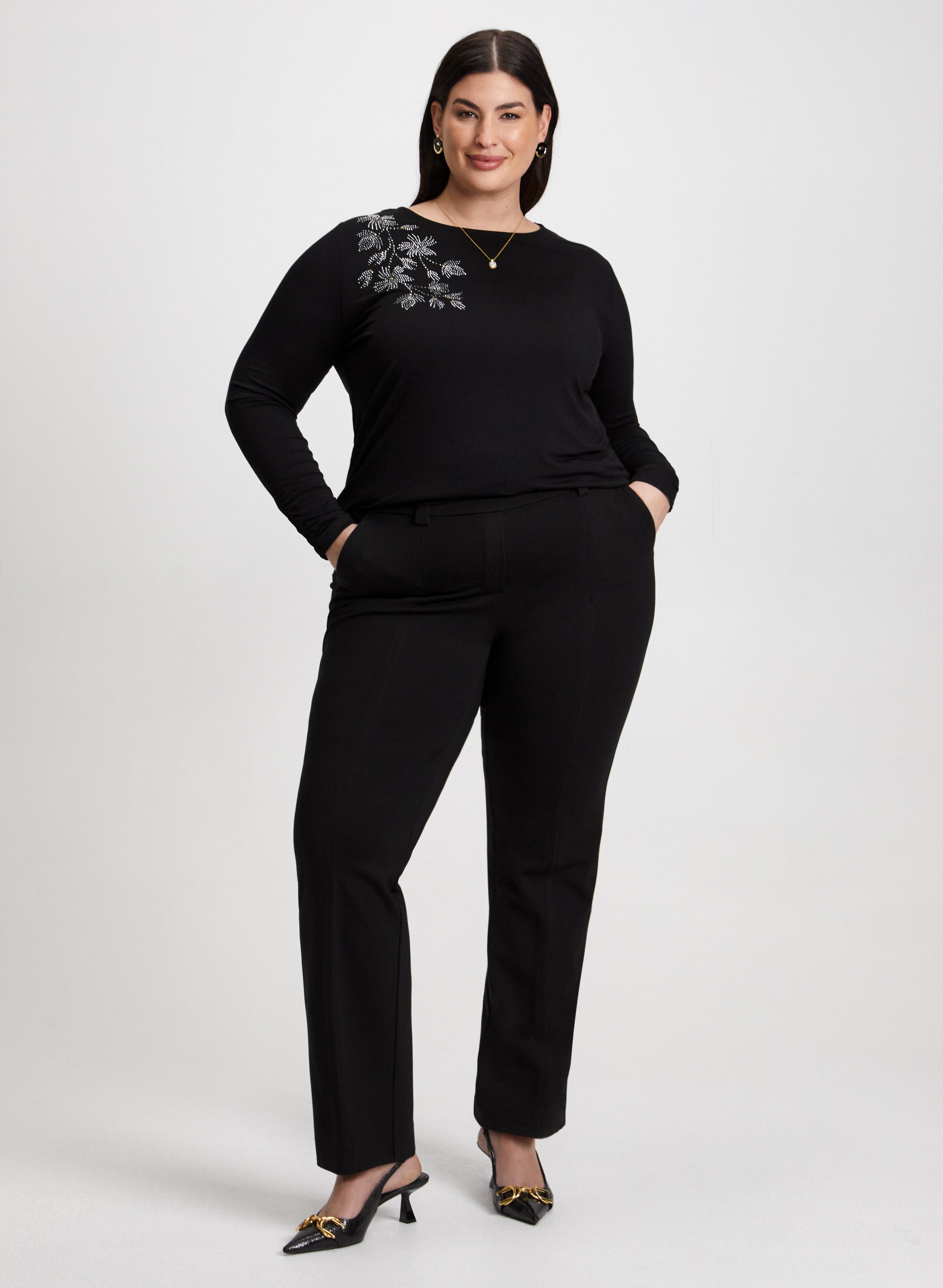 Elegant Appliqué Blouse & Straight Leg Pants Set for Women - Office Wear, Business Casual & Special Occasion Outfits