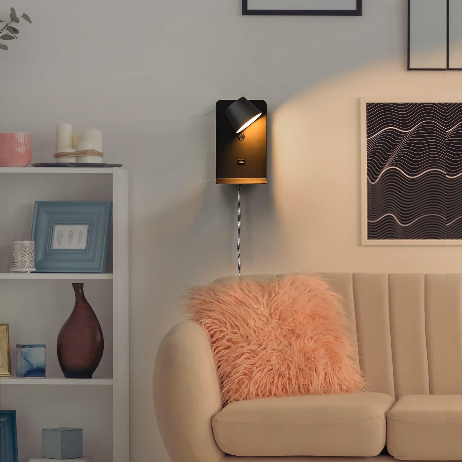 Rotatable Swing LED Wall Sconce with Shelf - USB Charging Port & 2700K Warm White Light - Modern Black Reading Lamp for Bedroom, Living Room, and Hallway Night Lighting