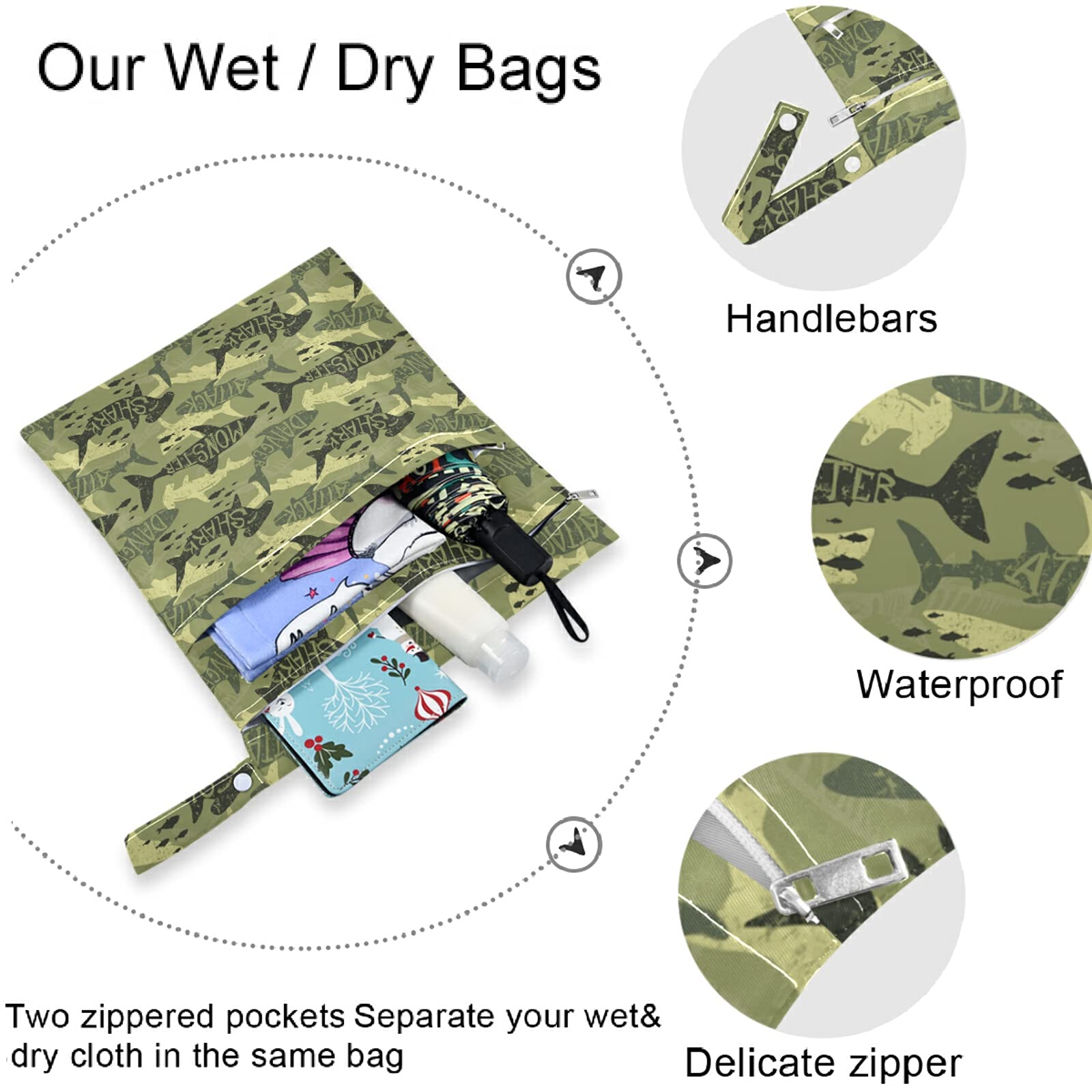Visesunny 2-Pack Waterproof Wet Bags with Zipper Pockets - Camouflage Shark Print Reusable Travel Storage for Swimsuits, Gym Clothes, Diapers & Toiletries - Perfect for Beach, Pool, Daycare & Stroller Use