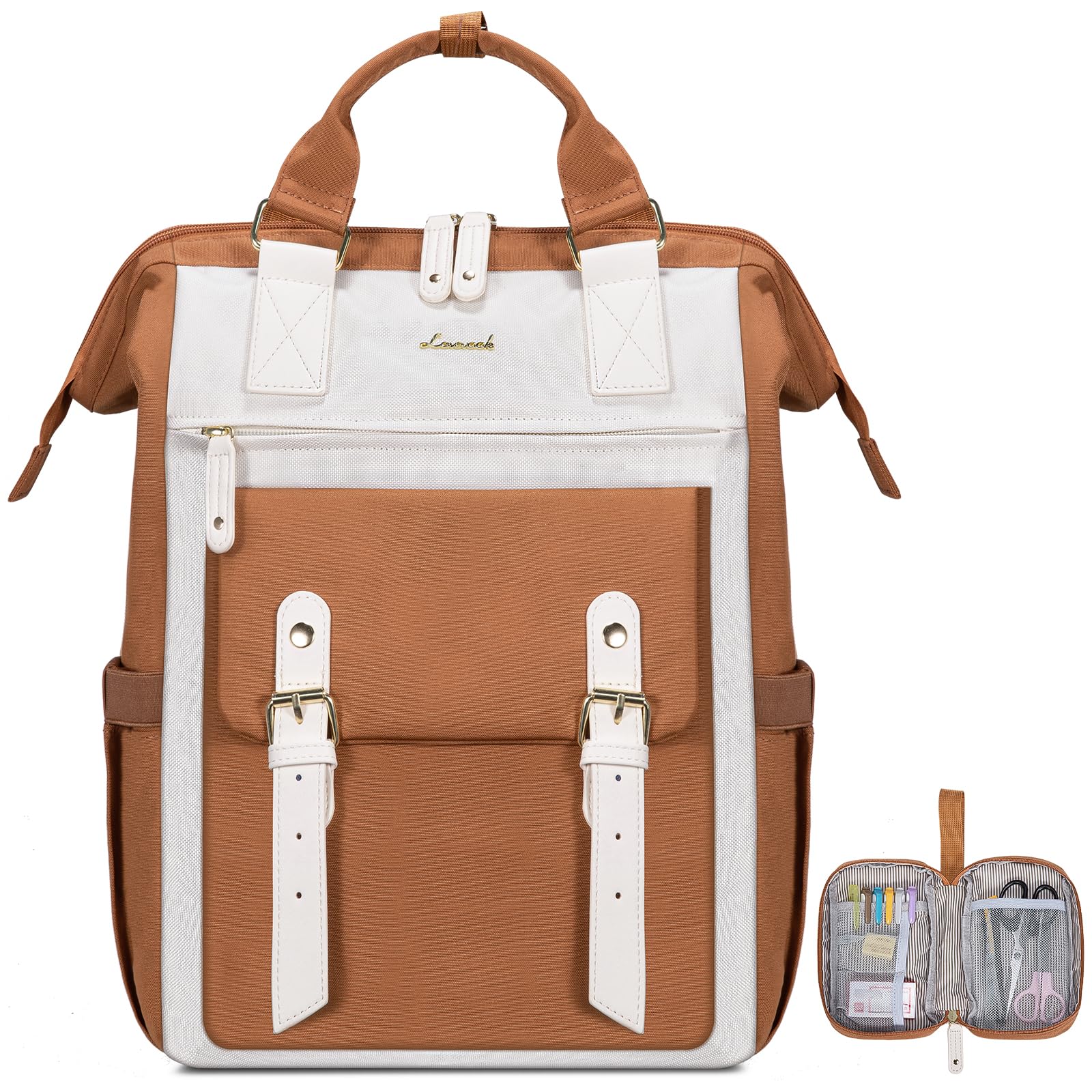 LOVEVOOK 15.6 Inch Laptop Backpack for Women - Waterproof Work Travel Backpack with USB Charging Port - Perfect for Teachers, Nurses & Professionals - Stylish Brown & White Computer Bag for Office, Commute & College