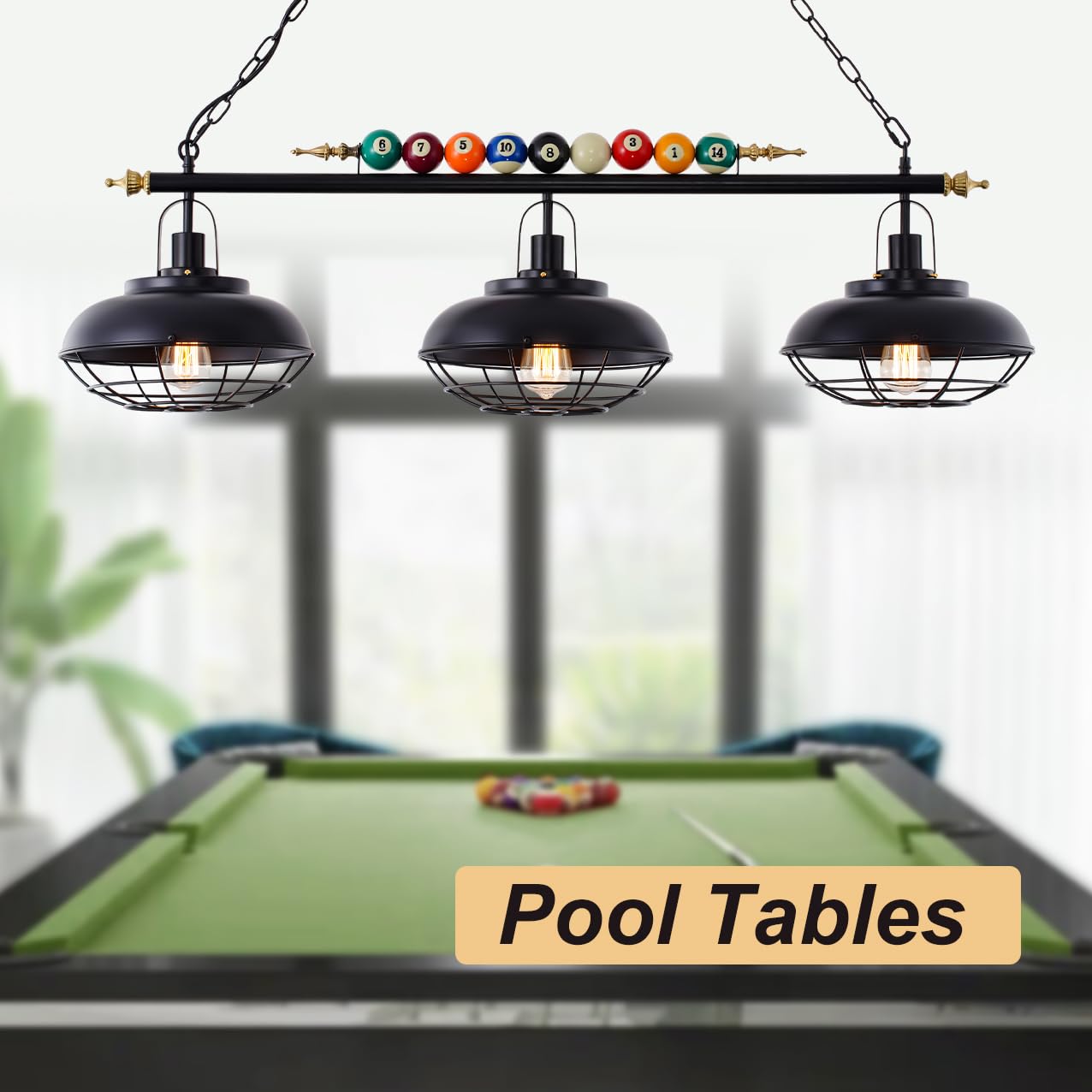 Billiard Ceiling Lamp with Real Billiard Ball Design - 3-Light Hanging Pool Table Lighting Fixture with Metal Shades for Game Room, Man Cave & Sports Bar Decor | Perfect for Pool Parties, Home Billiard Rooms & Entertainment Spaces