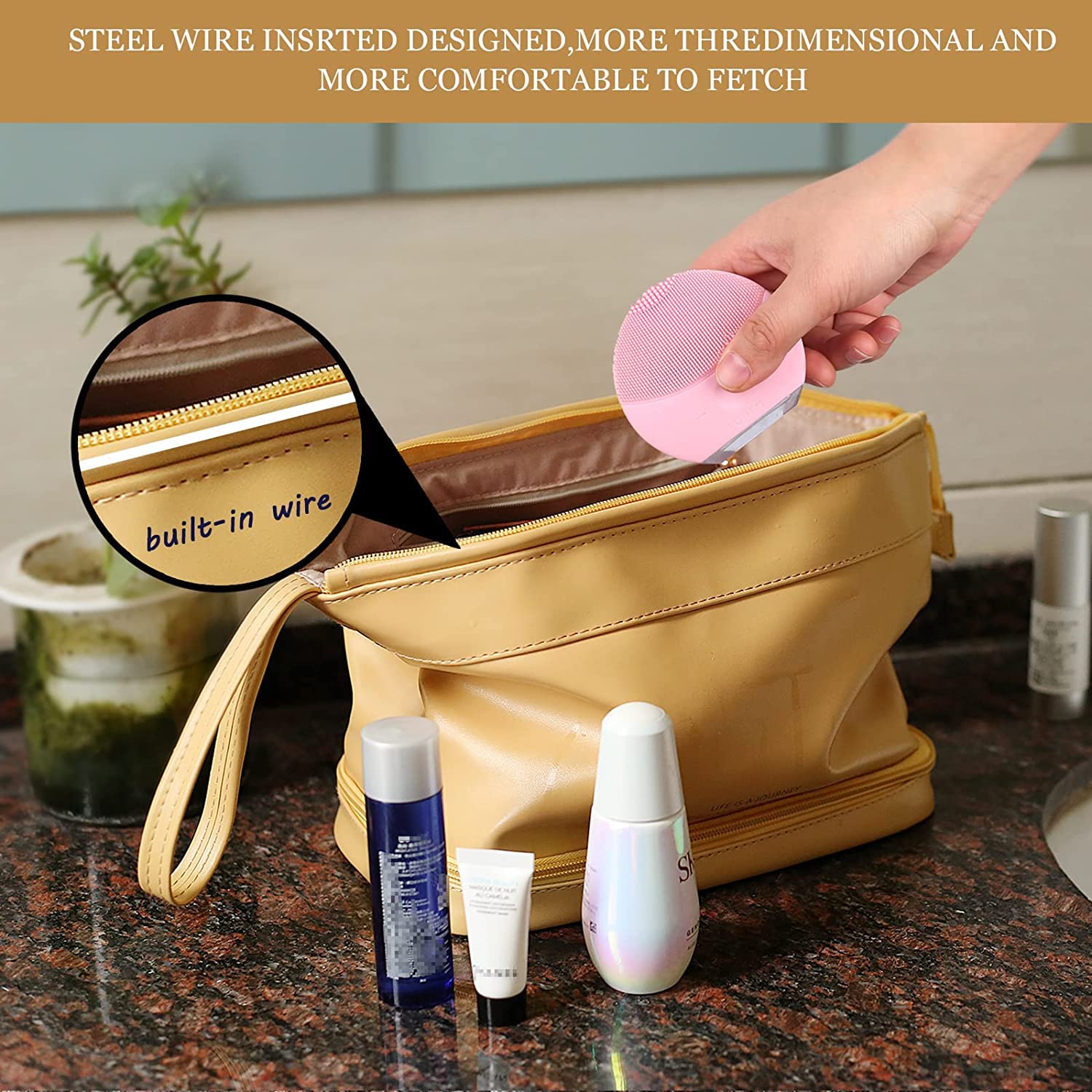 BUYORY Leather Makeup Organizer for Women & Girls - 13cm Travel Cosmetic Bag with Large Zipper | Portable Leather Toiletry Case for Travel, Home, and Daily Use (Yellow)