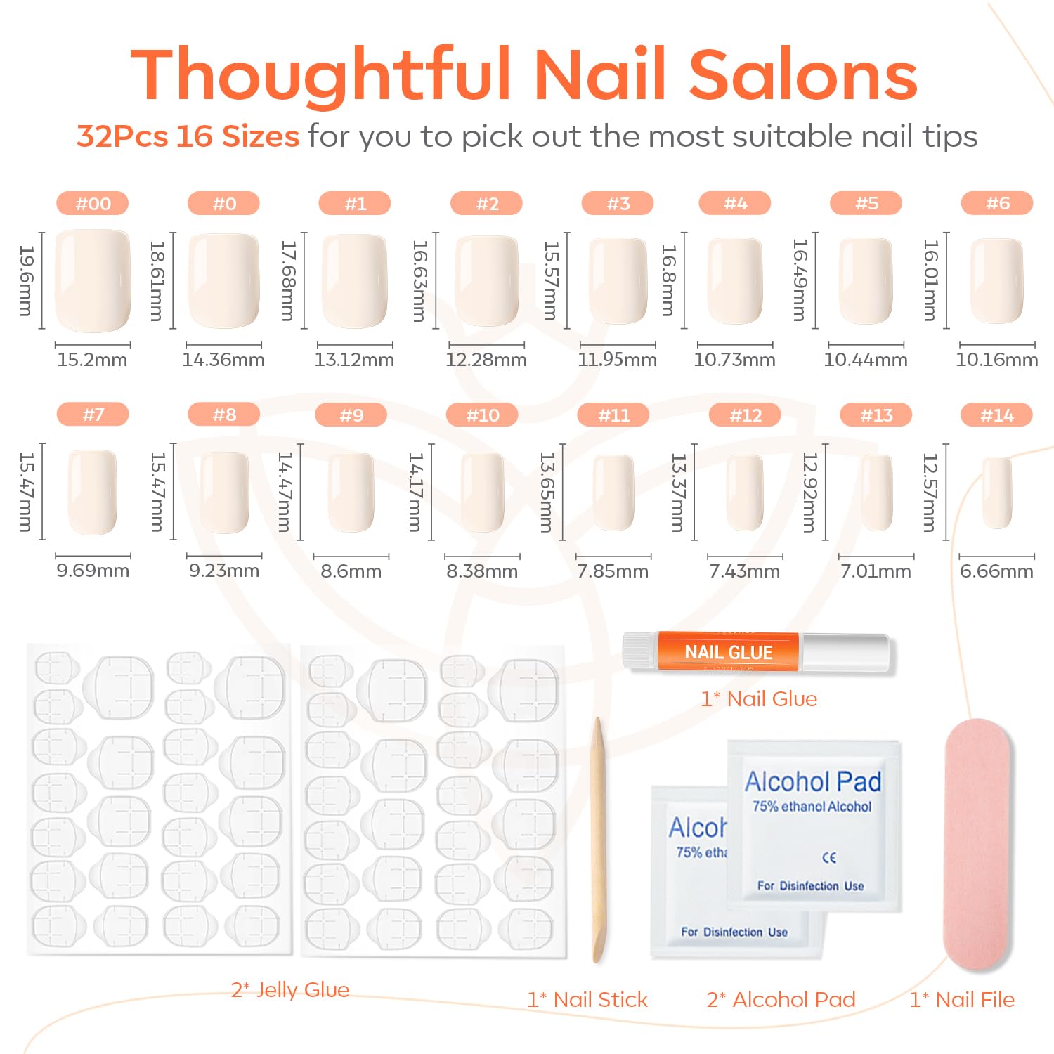 Modelones White Press on Nails - Short Square Fake Nails Kit with Glue & Adhesive Tabs (32Pcs, 16 Sizes) | Reusable Artificial Nails with Mini Nail File | Perfect Gift for Women & Girls | Great for Parties, Weddings, and Everyday Wear