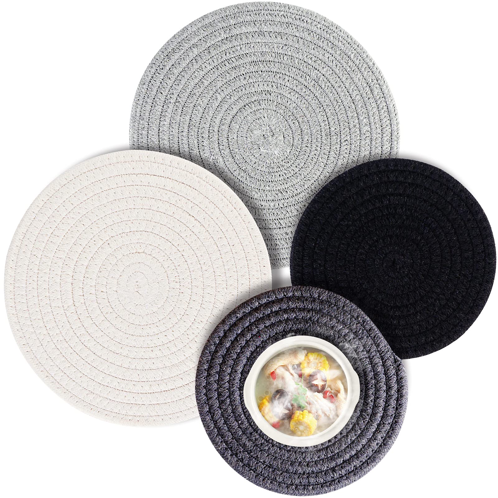 Heat Resistant Pot Holders & Trivets Set - 4 Pcs 100% Cotton Woven Hot Pad for Dishes, Plates & Pans (7