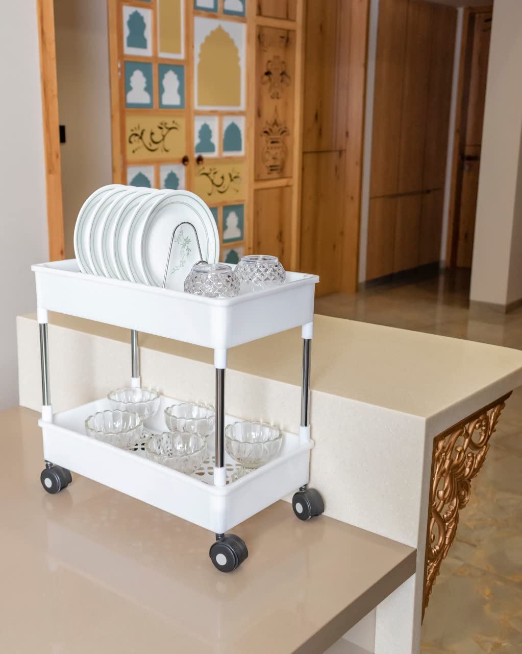 Privesh 2-Tier Plastic & Stainless Steel Kitchen Trolley - Fruit & Vegetable Basket, Onion Potato Storage Rack, Space-Saving Organizer for Kitchen Countertop or Pantry