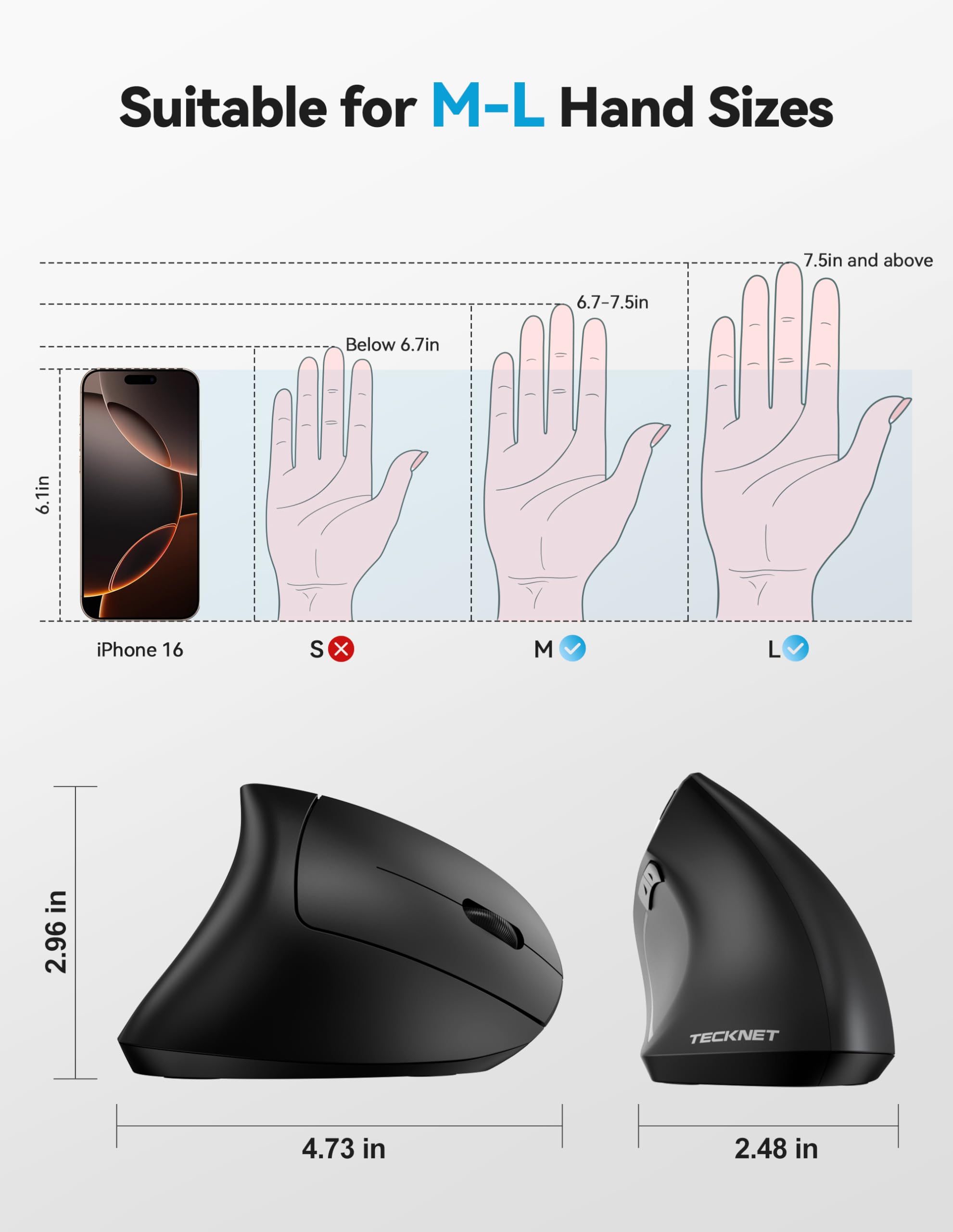 TECKNET Ergonomic Wireless Mouse - Rechargeable Bluetooth Vertical Mouse with 4800 DPI, Silent Click, 3-Device Connectivity for Carpal Tunnel Relief | Perfect for Office, Home & Travel Use with Laptop, PC, MacBook & iPad (Black)
