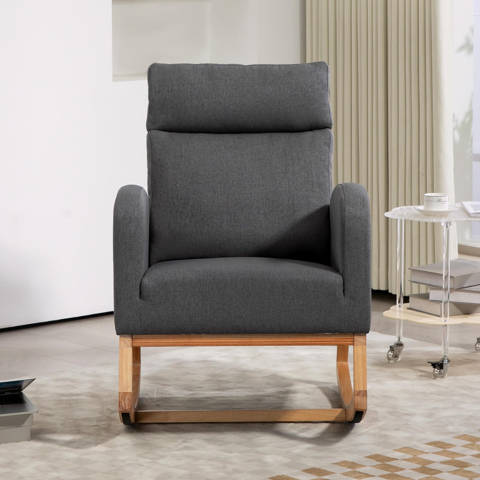 Nursery Glider Rocking Chair with High Backrest & Side Pockets - Upholstered Rubber Wood Rocker for Baby Nursery, Living Room & Bedroom - Dark Gray - Perfect for Breastfeeding, Reading & Relaxing