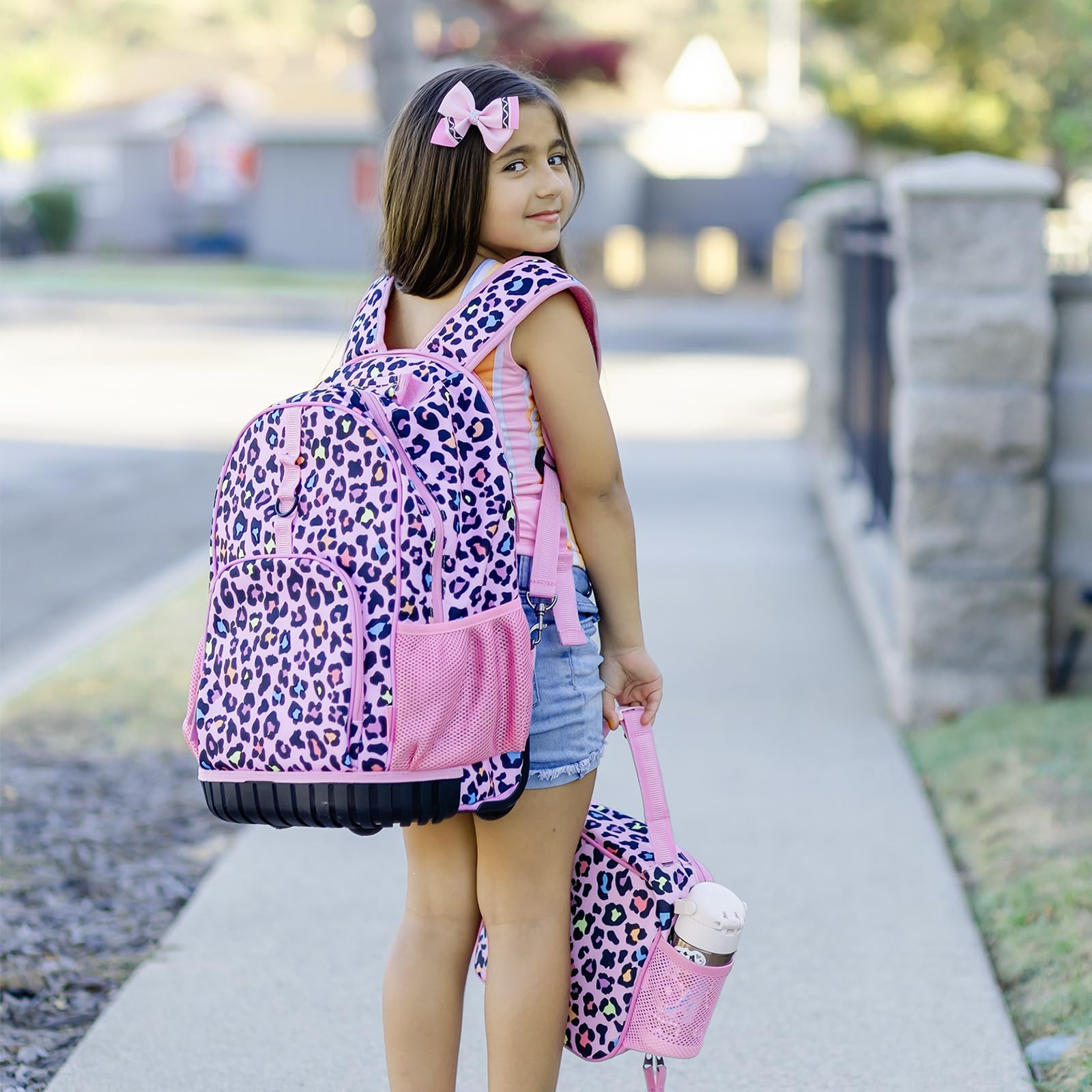 Choco Mocha 18 Inch Rolling Backpack for Girls - Kids Travel Roller Bookbag with Wheels & Matching Lunch Bag Set - Leopard Cheetah Pink Print - Perfect for Elementary School, Airplane Travel & Daily Commute