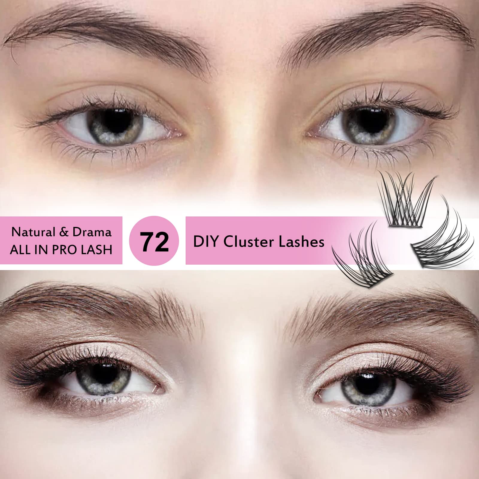 72 Pcs Cluster Lashes - DIY Individual Eyelash Extensions, Super Thin Band, Reusable & Comfortable (Natural, D-14mm) for Everyday Glam & Special Occasions