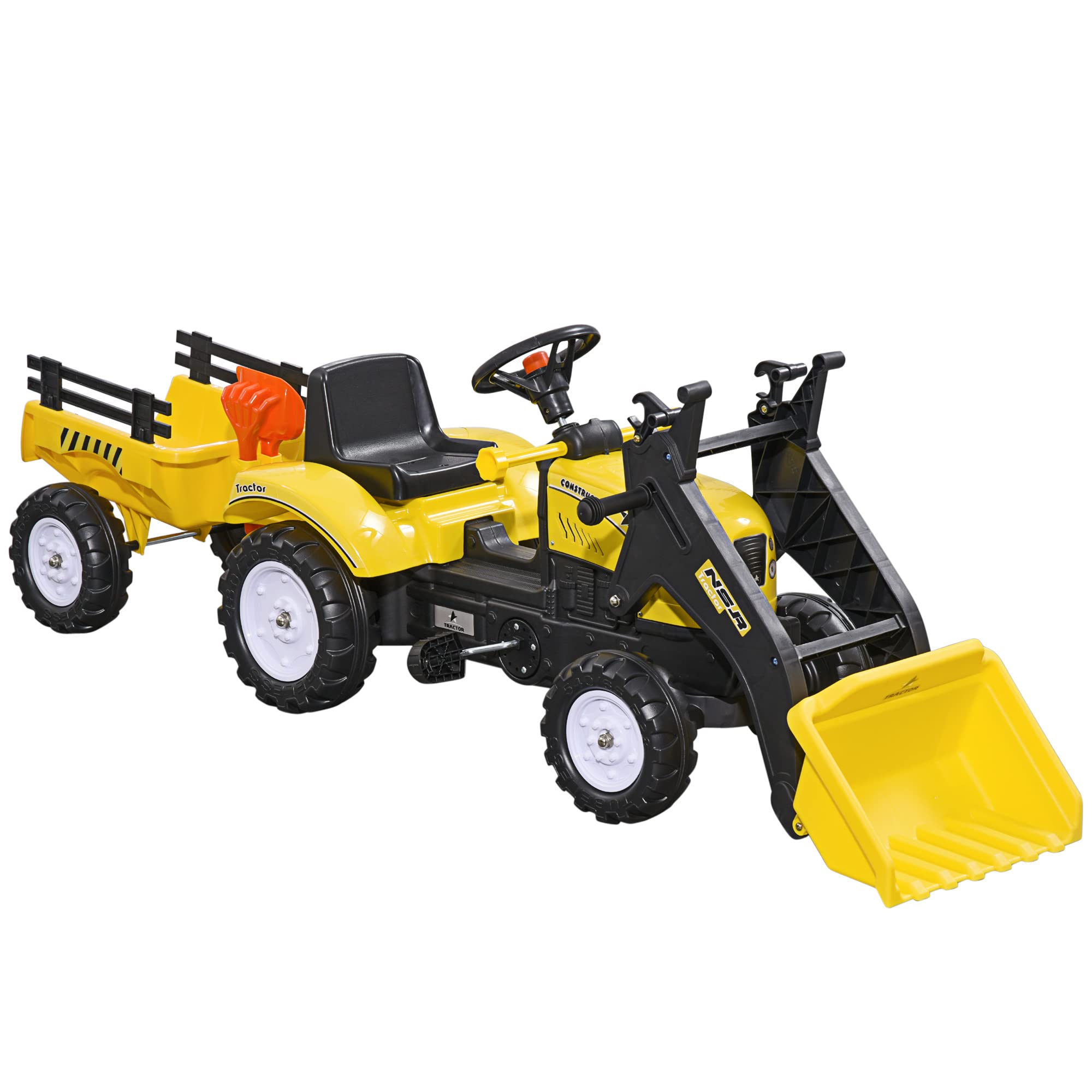HOMCOM Kids Pedal Tractor Toy for 3 Year Old Boys & Girls - Yellow Ride-On Excavator with Detachable Trailer & Front Loader, 35kg Capacity (167x41x52cm) - Perfect for Outdoor Play, Birthday Gifts & Backyard Fun