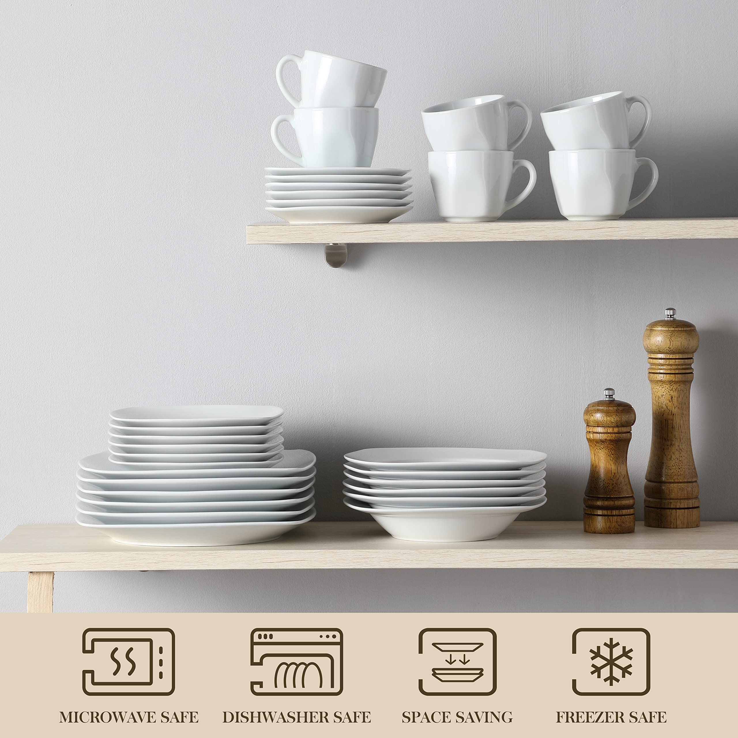 MALACASA 60-Piece Porcelain Dinnerware Set for 12 - Square Plates, Bowls, Cups & Saucers in Modern Gray White | Julia Series | Perfect for Family Dinners, Restaurants & Entertaining Guests