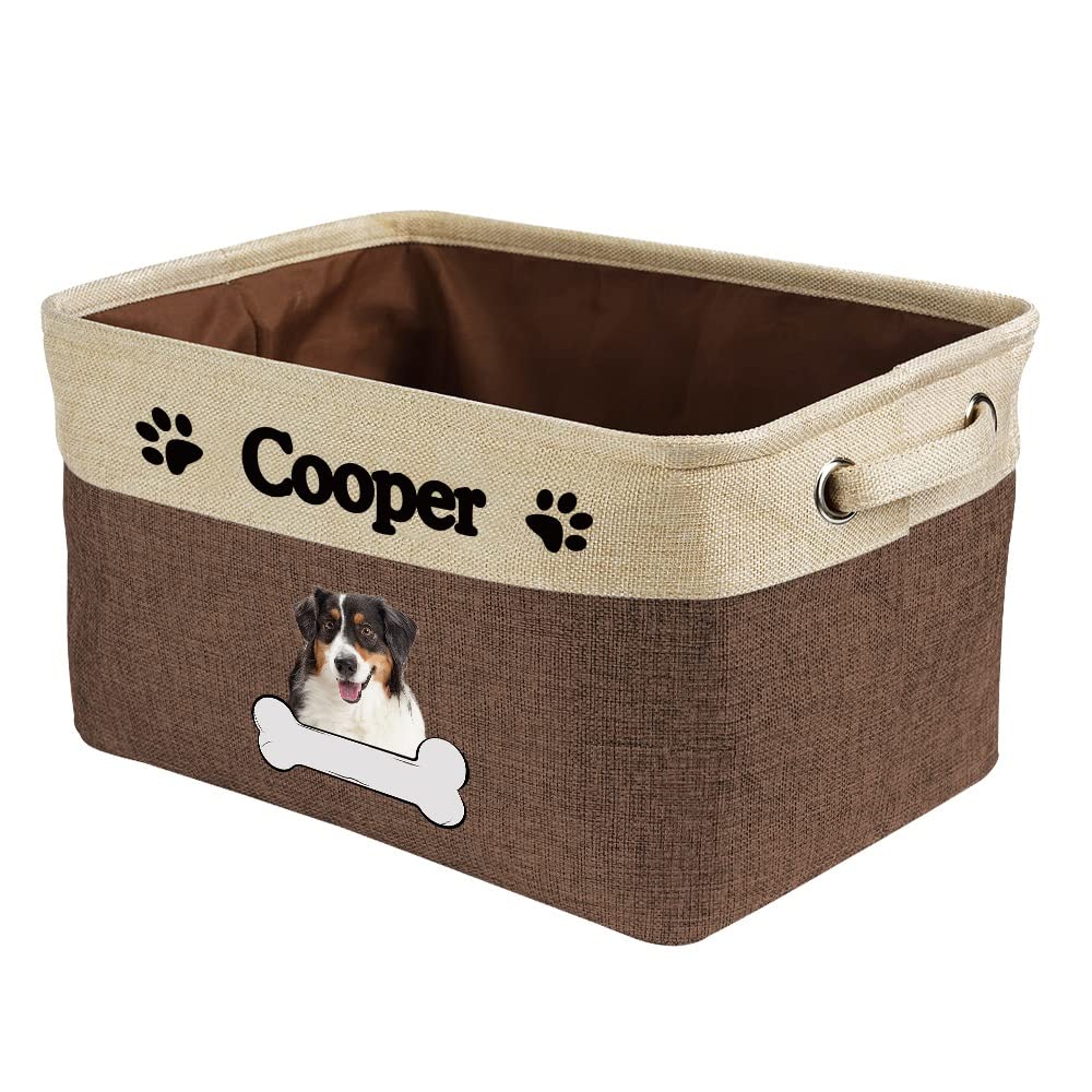 Personalized Australian Shepherd Dog Bone Pattern Fabric Storage Basket - Durable Rectangle Toy Organizer with 2 Handles for Closet, Garage, Nursery | Holds Clothes, Blankets & Toys (Brown/White)