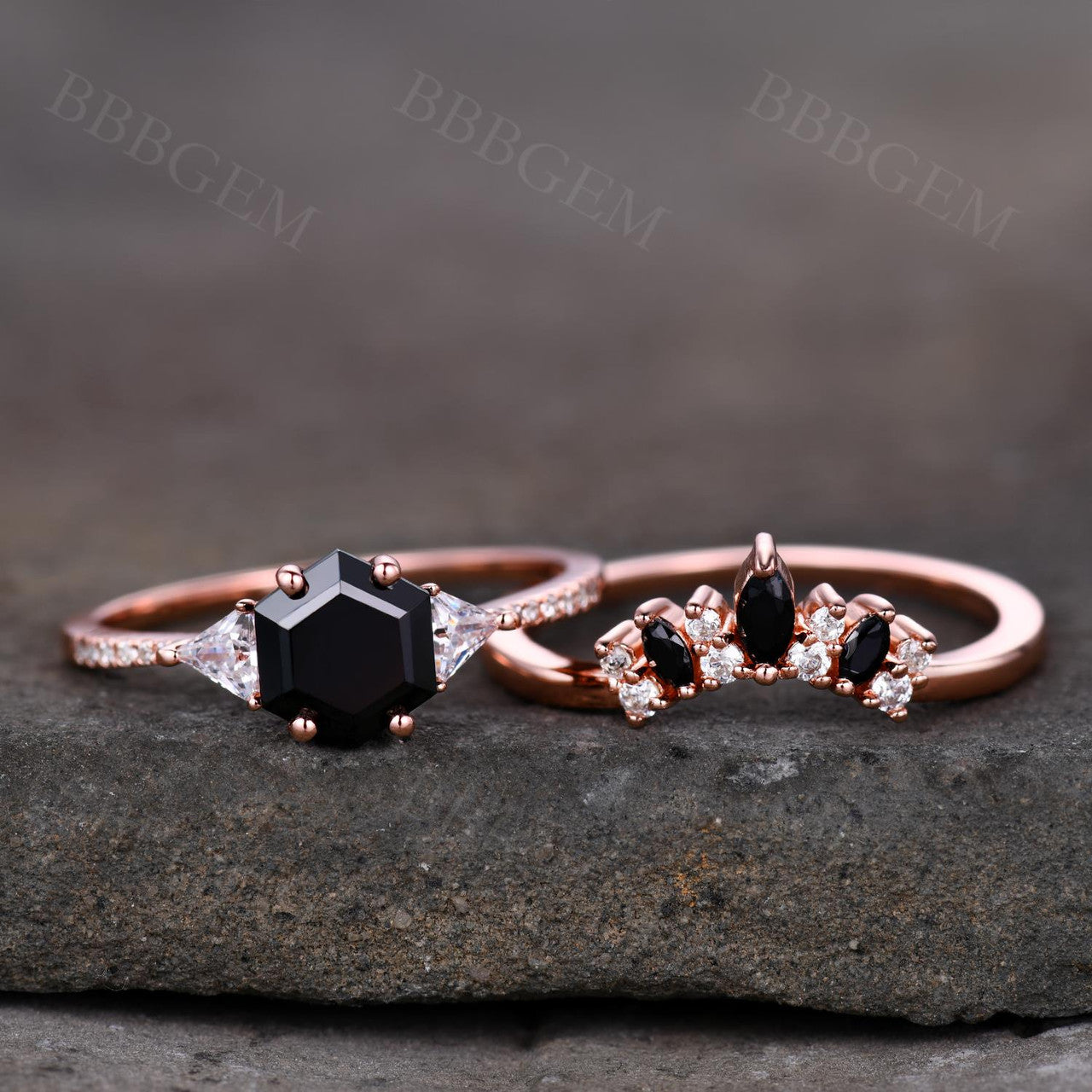 Hexagon Black Onyx Engagement Ring - 3 Stone Moissanite & Onyx Jewelry for Women, Wedding, Anniversary, and Proposal Gifts