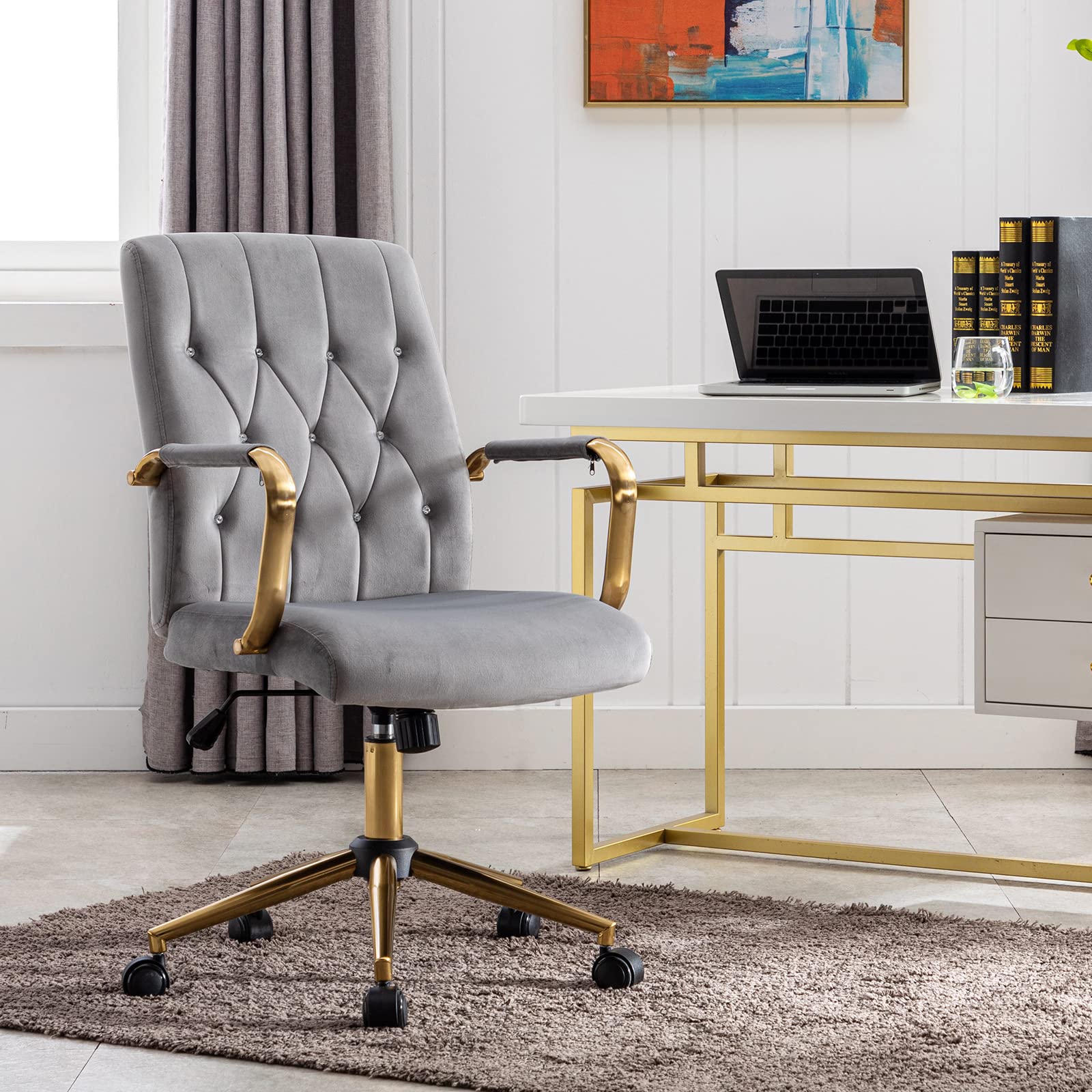 Premium Velvet Home Office Desk Chair - Modern Gold Task Chair with Wheels, Swivel Adjustable Computer Chair with Armrest & Gold Base (Grey) - Perfect for Home Office, Gaming & Workspace Comfort