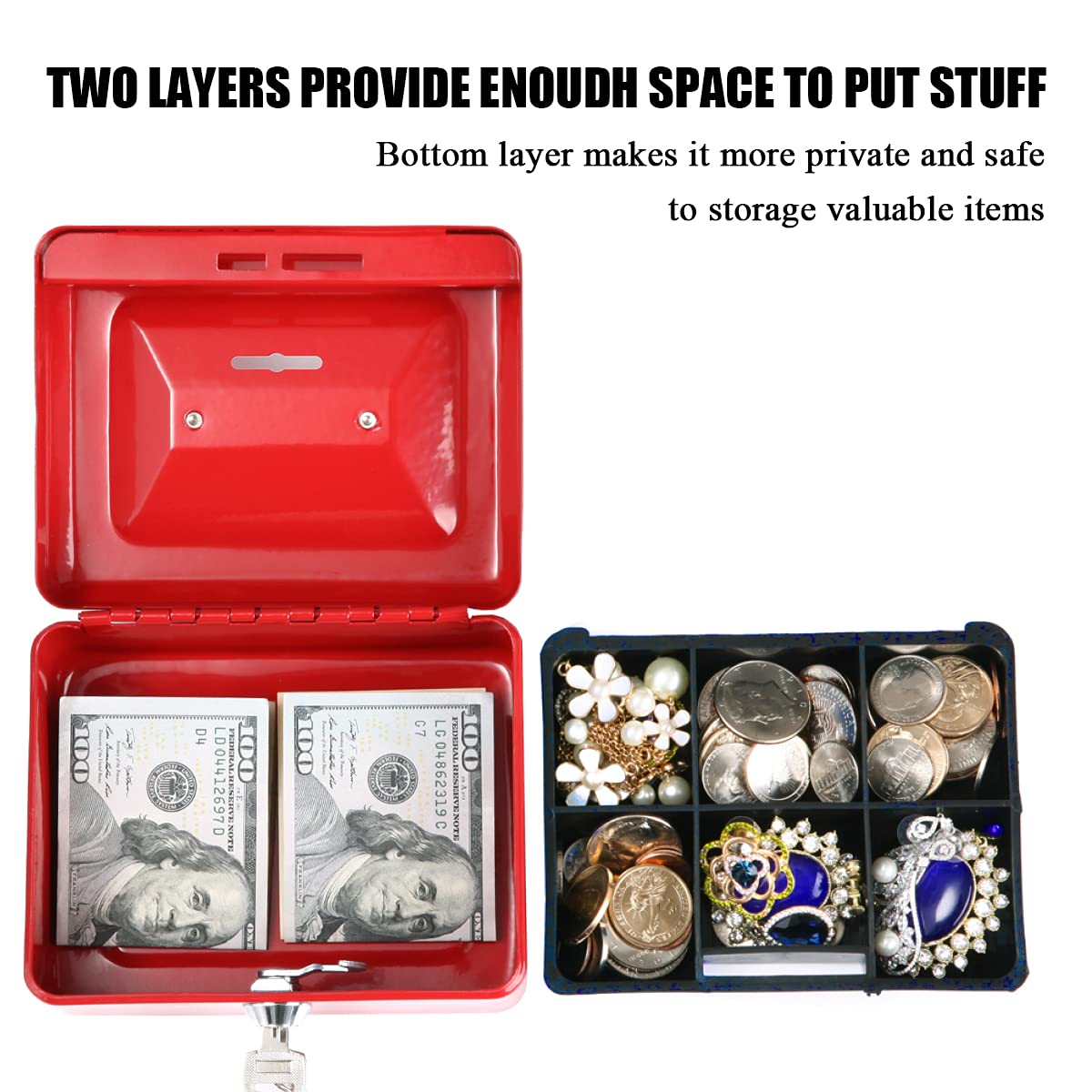 Jssmst Small Locking Cash Box with Money Tray - Secure Money Storage Box for Kids & Home Use - Top Slot Deposit - 5.91 x 4.72 x 2.95 Inch Red Lock Box (CB003-R) - Perfect for Piggy Bank, Allowance Savings, Home Office & Retail Cash Management