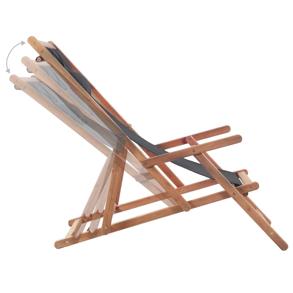 SKM Folding Beach Chair - Portable Wooden Frame with Gray Fabric - Lightweight & Compact for Outdoor, Camping, Picnics & Beach Relaxation