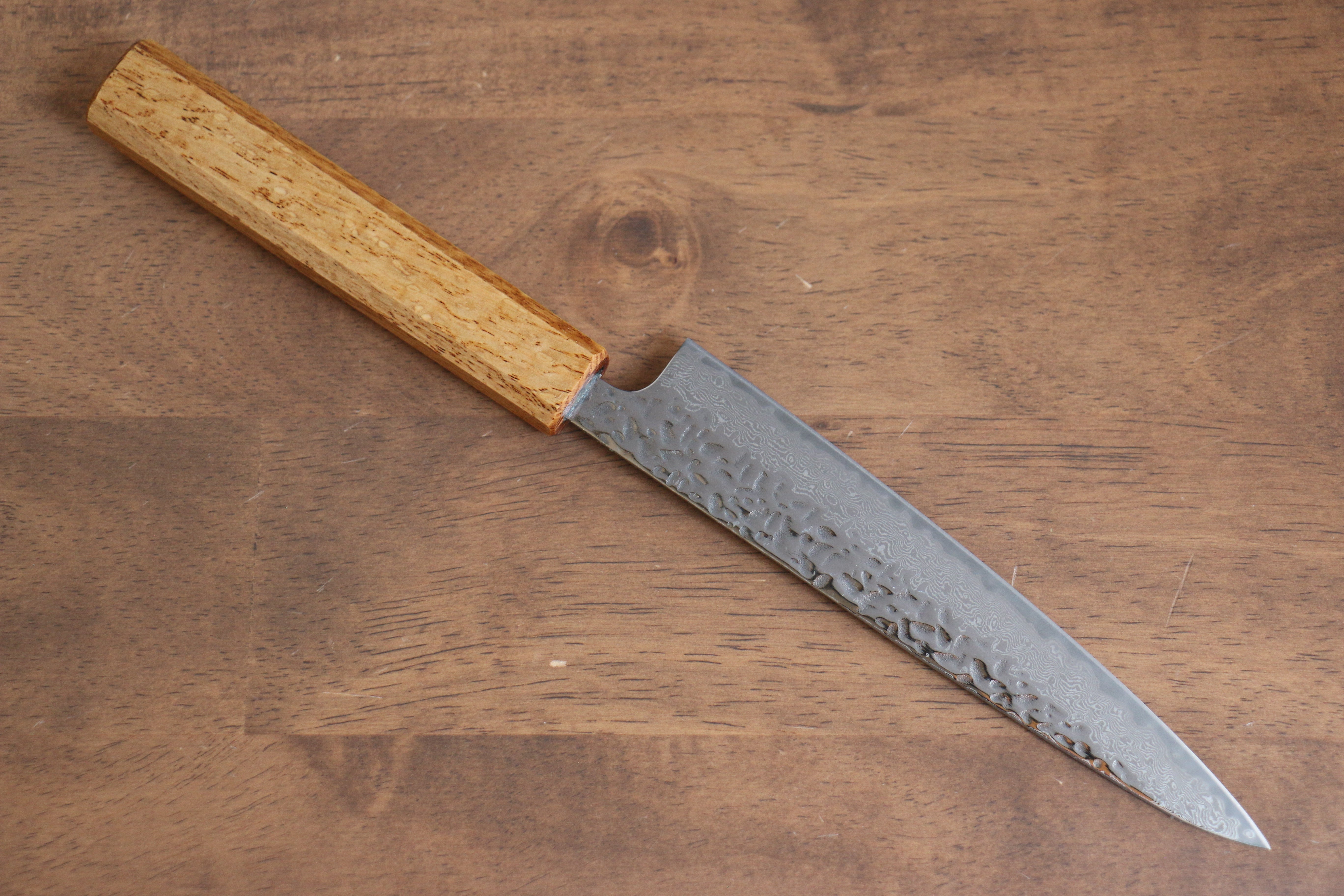 Seisuke Tsukikage AUS10 Hammered Damascus Petty Utility Knife 150mm - Oak Handle Japanese Chef Knife for Precision Slicing, Peeling & Garnishing