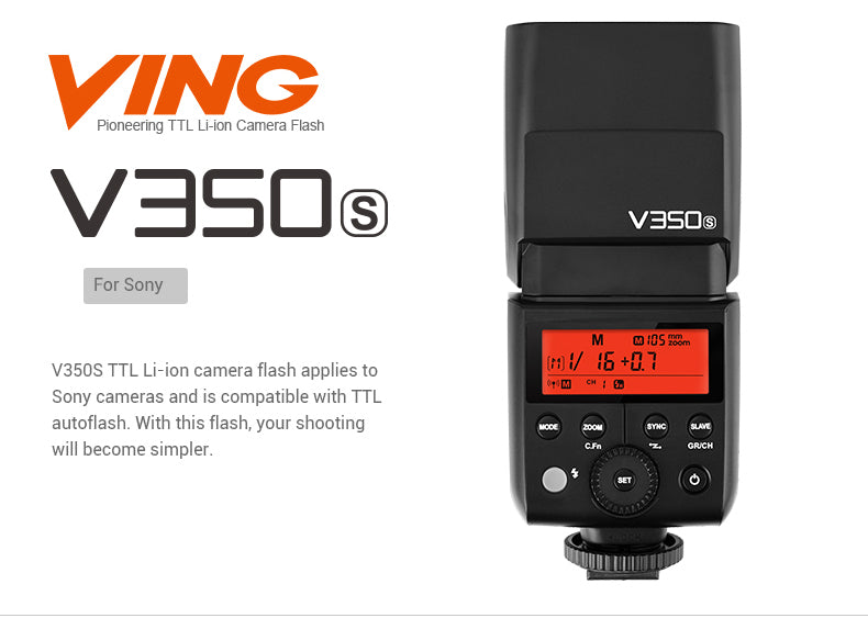 V350 Mini Lithium Ion Speedlight Flash for Sony Cameras - Compact & Powerful Lighting for Portraits, Events & Low Light Photography