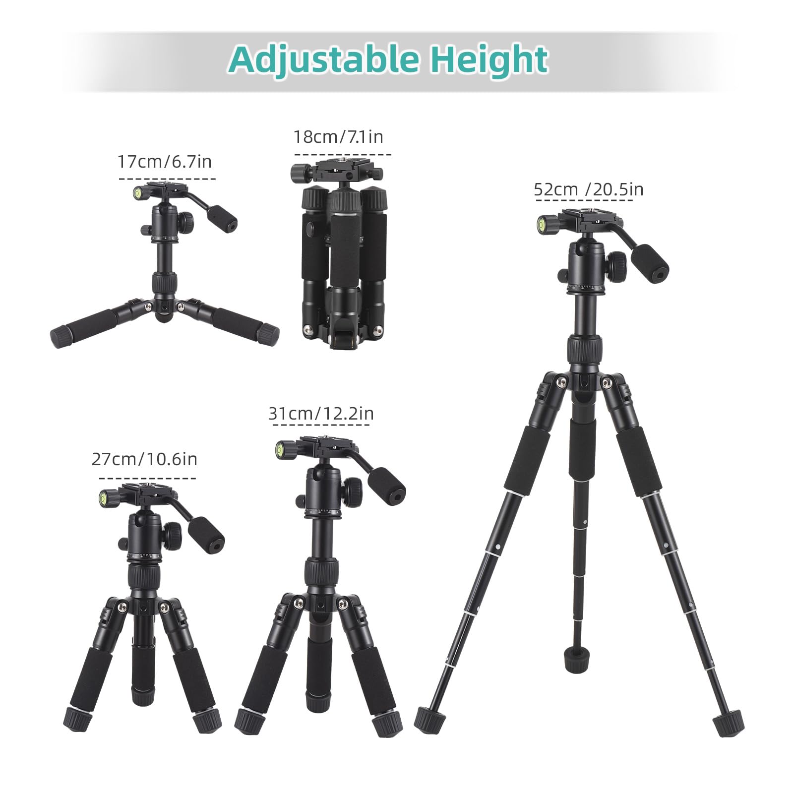 Camnoon Mini Tripod Stand - Portable Aluminum Alloy Desktop Tripod (20.5in/52cm Max Height, 5kg Load Capacity) with 360° Rotatable Ballhead & Handle for DSLR/Mirrorless Cameras - Perfect for Travel, Vlogging & Indoor Photography