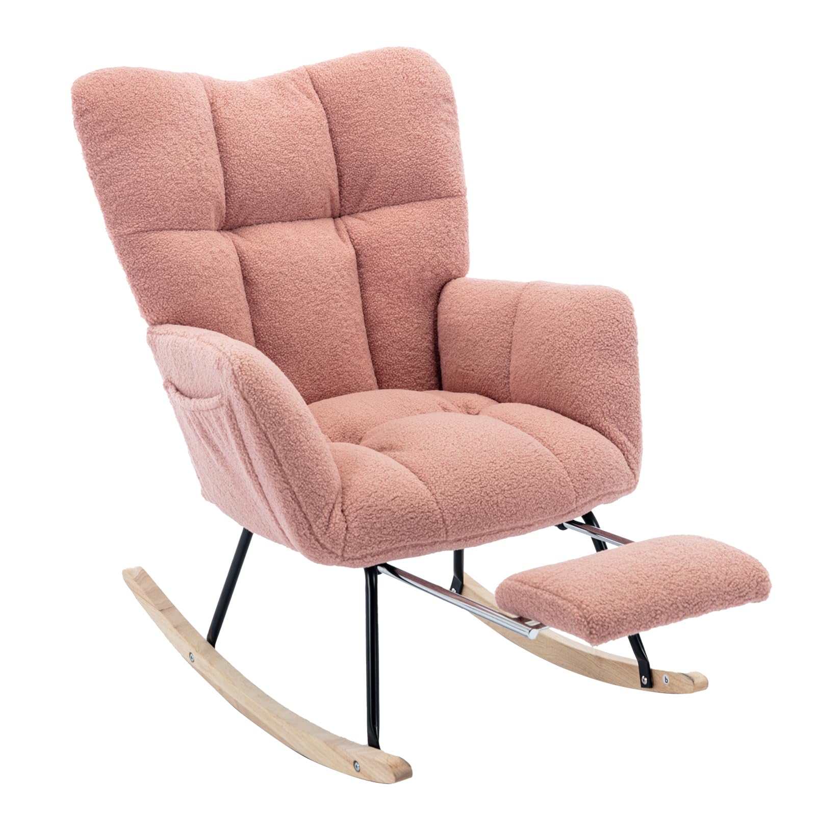 FOXHUNTER Nursery Rocking Chair - Adjustable Footrest Glider Recliner with High Back Support, Soft Teddy Upholstery, Pink Rocking Chair for Nursery, Bedroom & Reading | Perfect for Nursing, Relaxing & Storytime