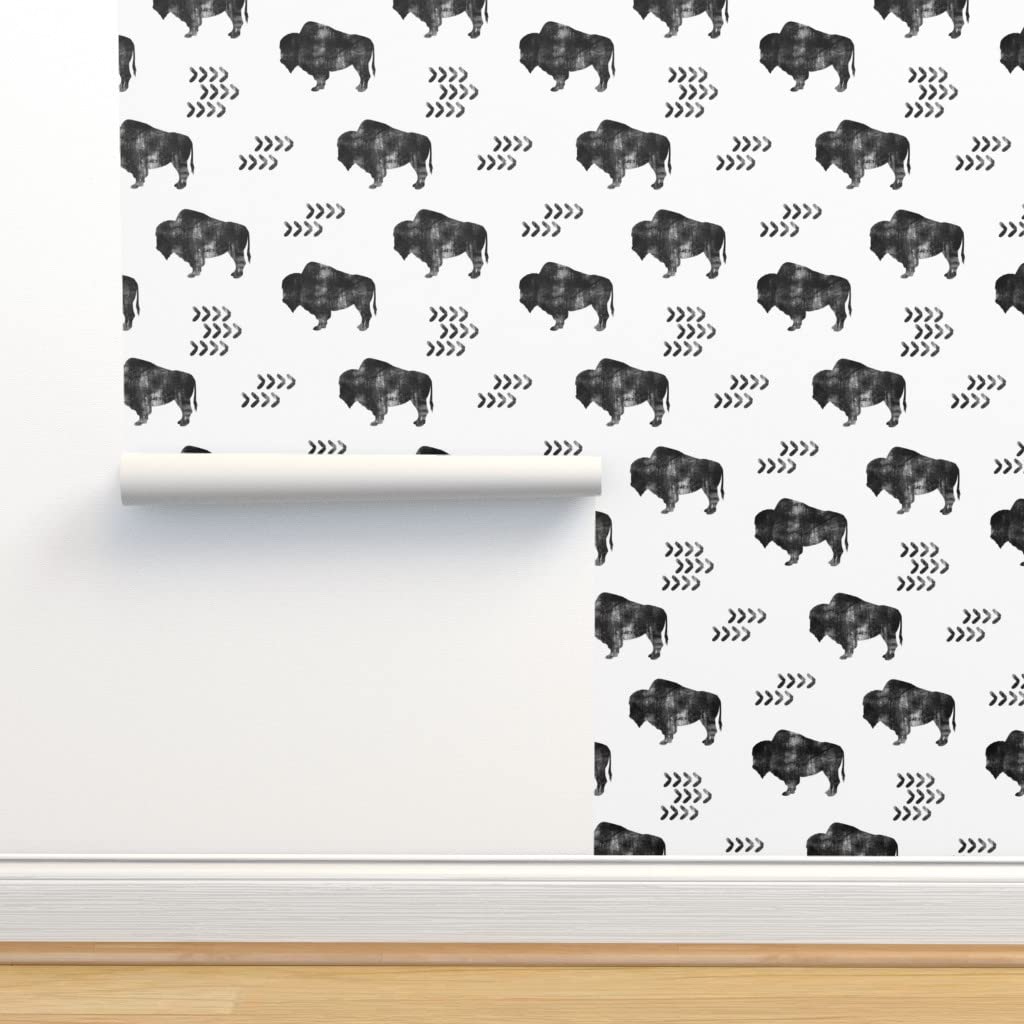 12ft x 2ft Removable Peel & Stick Wallpaper - Distressed Buffalo Monochrome Boho Design for Living Room, Bedroom & Nursery | Gender Neutral Bohemian Bison Southwest Pattern by Spoonflower
