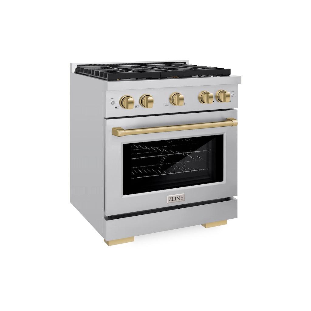 ZLINE Autograph Edition 30-inch 4.2 cu. ft. Stainless Steel Gas Range with 4 Burner Cooktop, Convection Oven & Champagne Bronze Accents - Perfect for Modern Kitchens & Professional Cooking (Model SGRZ 30 CB)