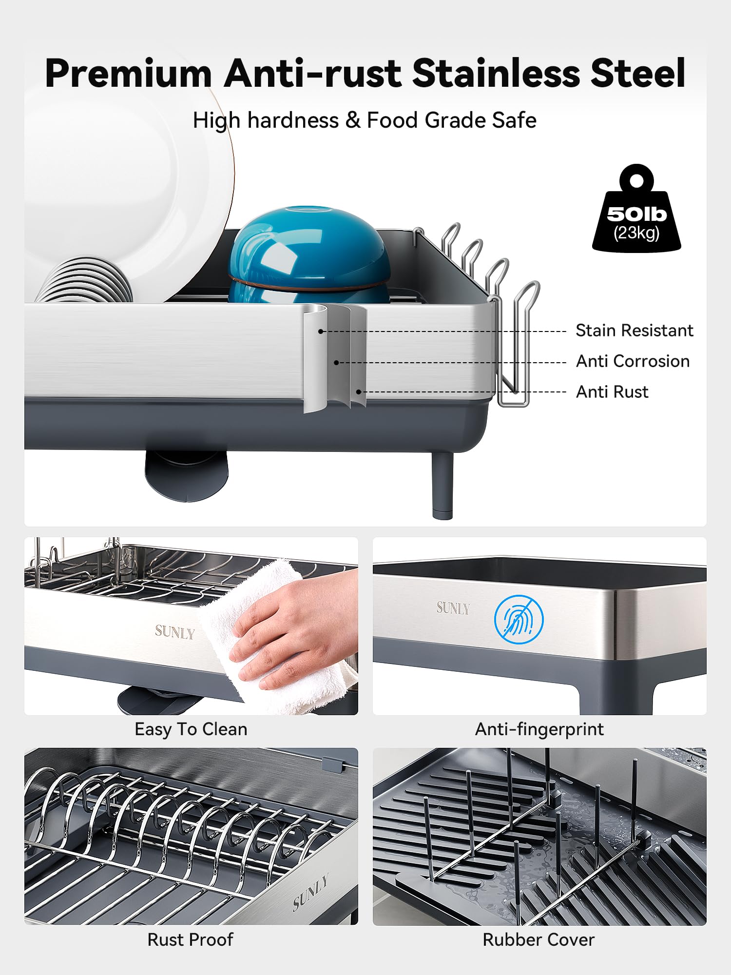 **SUNLY Large Expandable Dish Drying Rack - 304 Stainless Steel Space-Saving Kitchen Counter Drainer with Flip-Up Pegs | Perfect for Small Kitchens, Apartments & Dishwashing Organization**