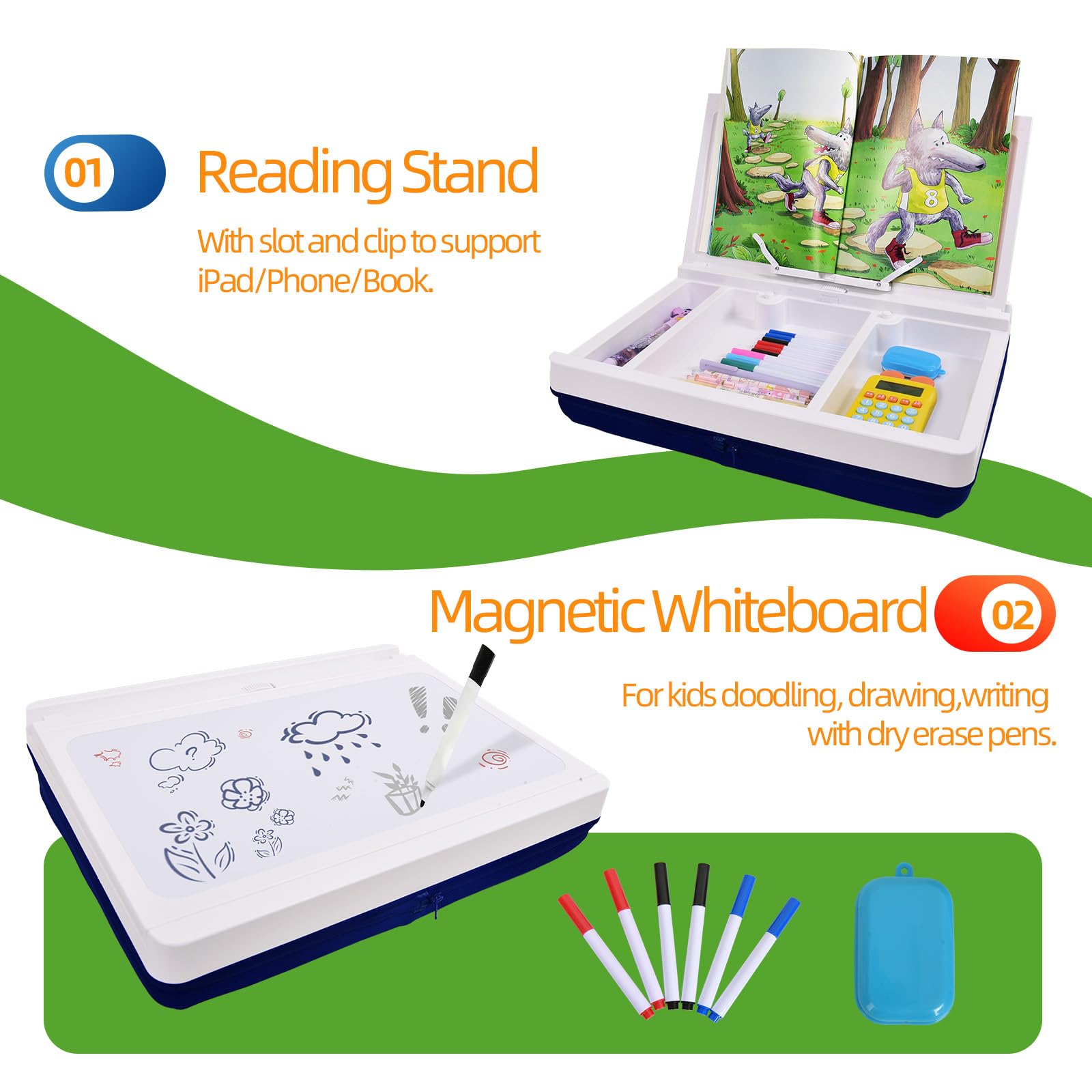 Kids Lap Desk with Storage Cushion & Magnetic Whiteboard - Portable Double-Sided iPad Slot Lap Table for Children & Adults - Washable Study & Drawing Surface - Perfect for Bed, Sofa, Car & Homeschooling - White