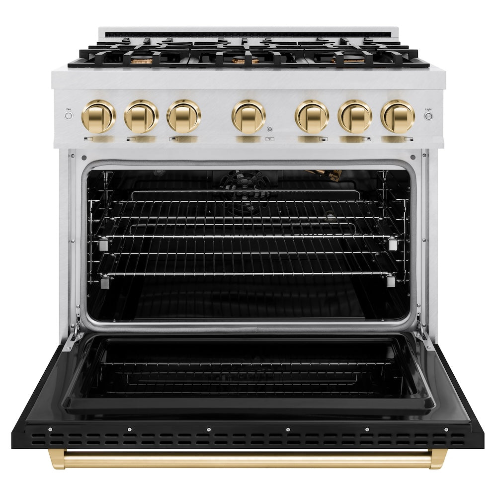 ZLINE Autograph Edition 36 Inch 5.2 cu ft Gas Range - 6 Burner Cooktop & Convection Oven - Satin Stainless Steel with Black Matte Door & Gold Accents - Perfect for Professional Kitchens & Modern Homes (CGRSZ BLM 36 G)