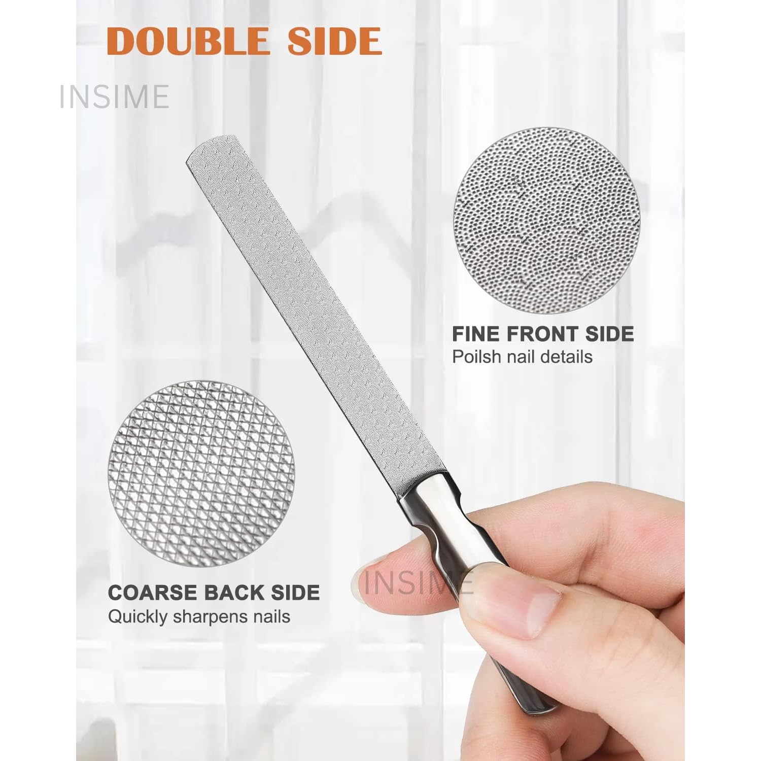 INSIME Stainless Steel Nail File & Buffer - Professional Manicure Pedicure Tool for Women, Heavy Duty Reusable Nail Shaper for Natural & Artificial Nails - Perfect for Home Salon, Travel & DIY Nail Care