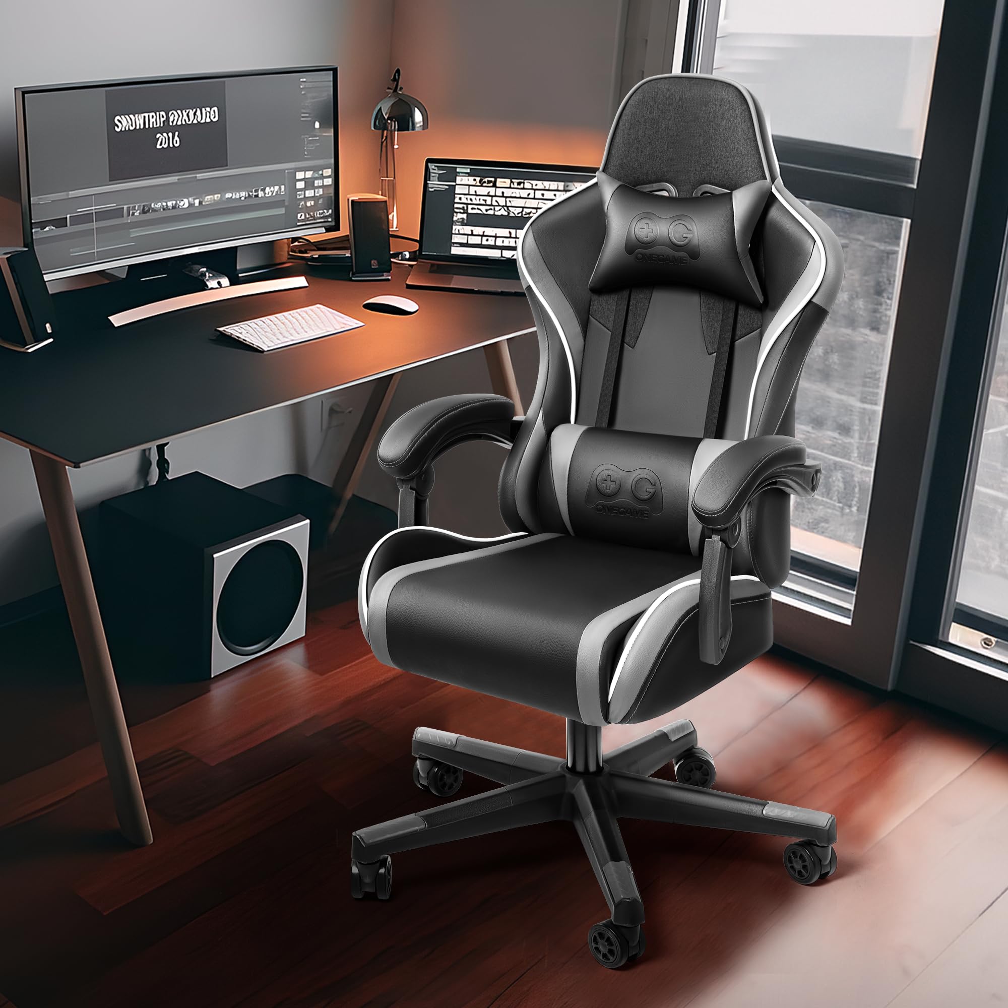 OneGame Ergonomic Gaming Chair - High Back Racing Style Computer Desk Chair with Adjustable Lumbar Support, Swivel & Reclining for Office & Home Use - Black Gray - Perfect for PC Gaming, Streaming & Long Work Sessions