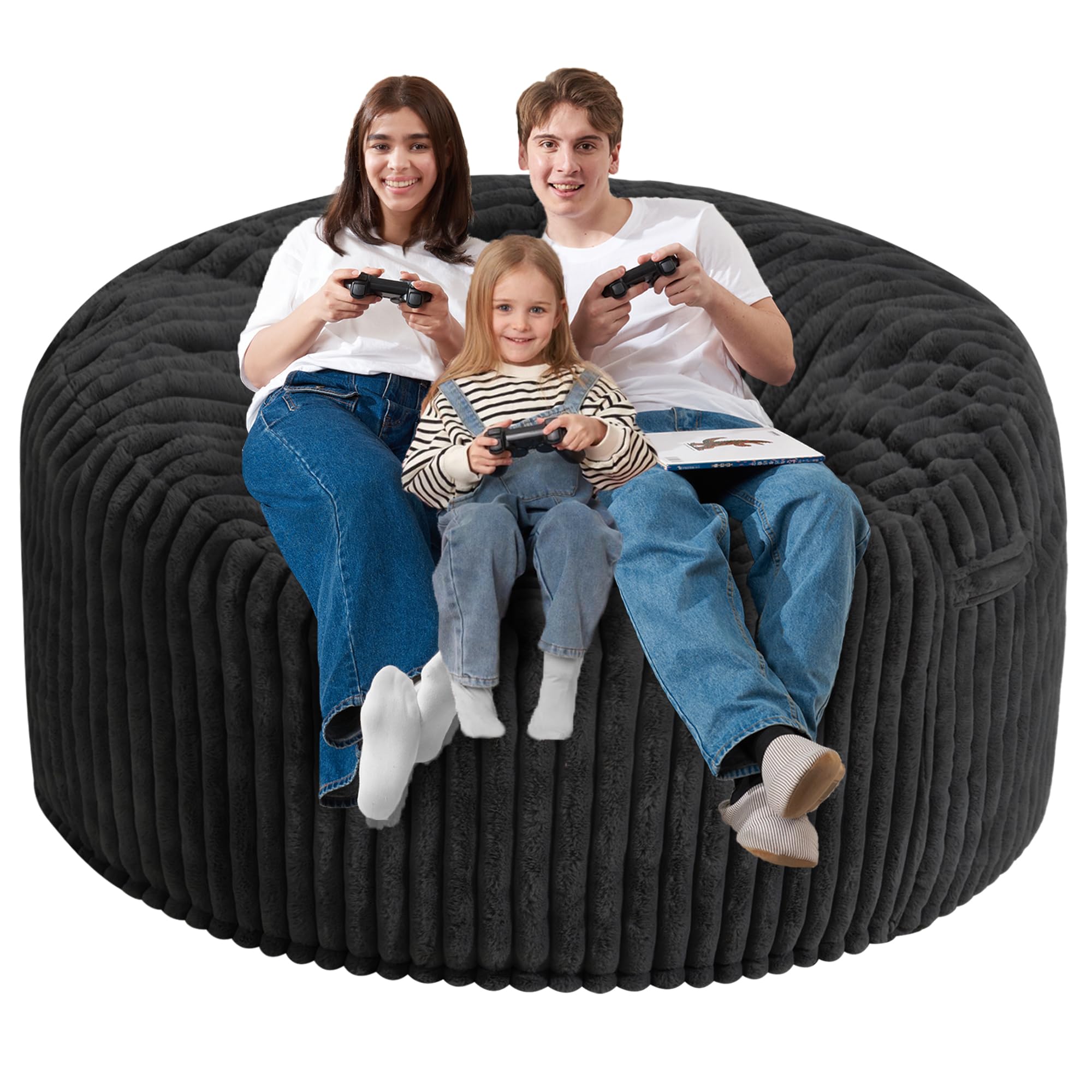 Homguava 6 FT Memory Foam Bean Bag Chair - Giant 6' Soft Plush Sofa with Dutch Corded Cover (Black) - Perfect for Living Room Lounging, Gaming, Movie Nights & Dorm Relaxation