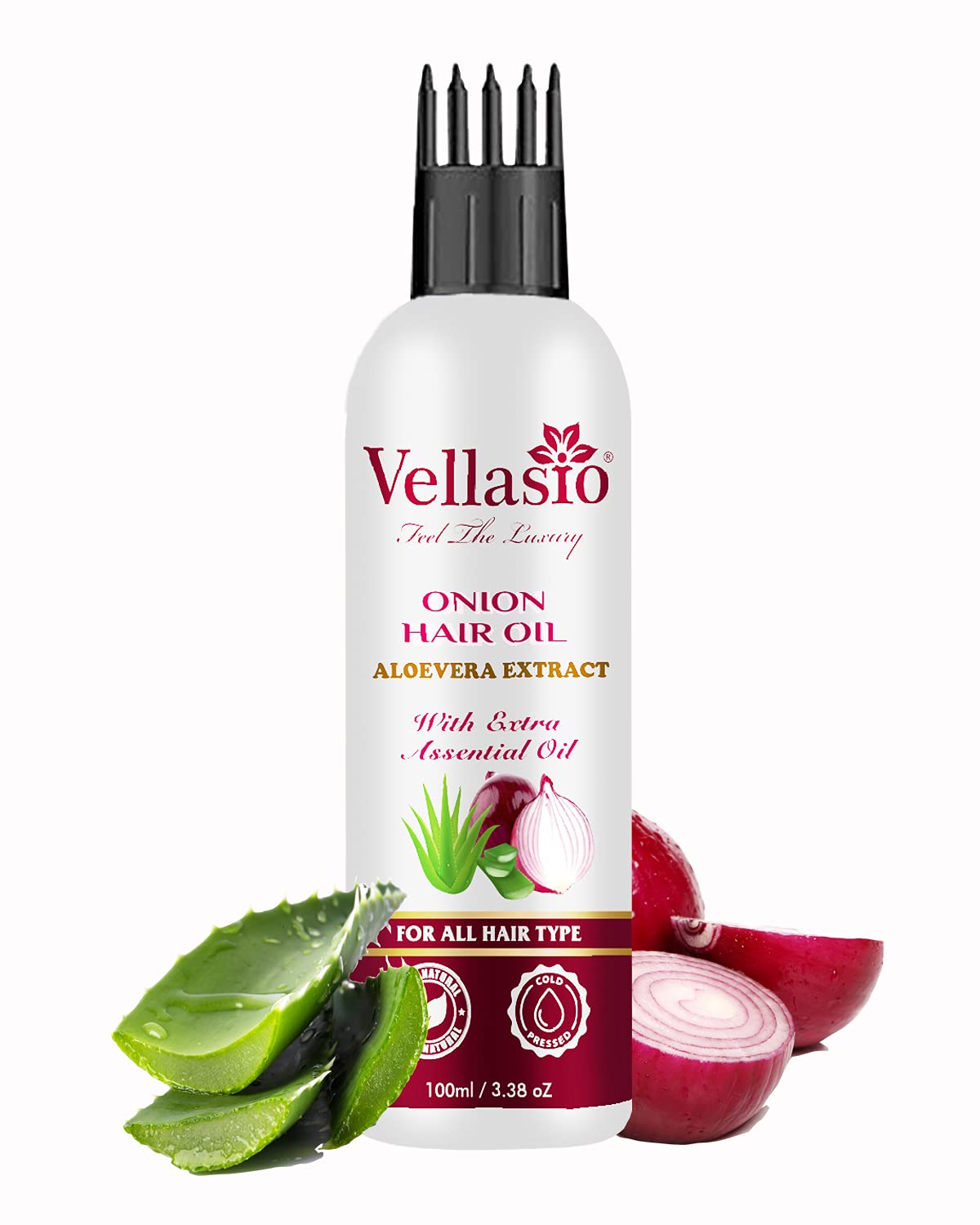 Vellasio Onion & Aloe Vera Hair Oil with Ayurvedic Herbal Extracts | Comb Applicator Included | Reduces Hair Fall for All Hair Types | Paraben & Sulfate Free | Promotes Hair Growth & Scalp Health | Perfect for Daily Hair Care & Styling