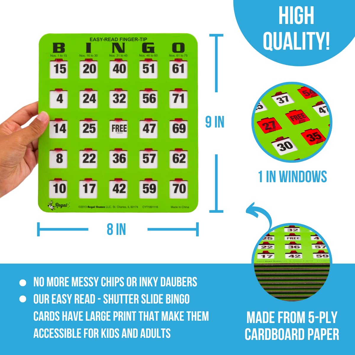 Regal Games - Finger-Tip Bingo Set with Jumbo Calling Cards, Master Board & 25 Easy Read Shutter Slide Cards - Green - Perfect for Family Game Nights, Bingo Parties & Senior Activities