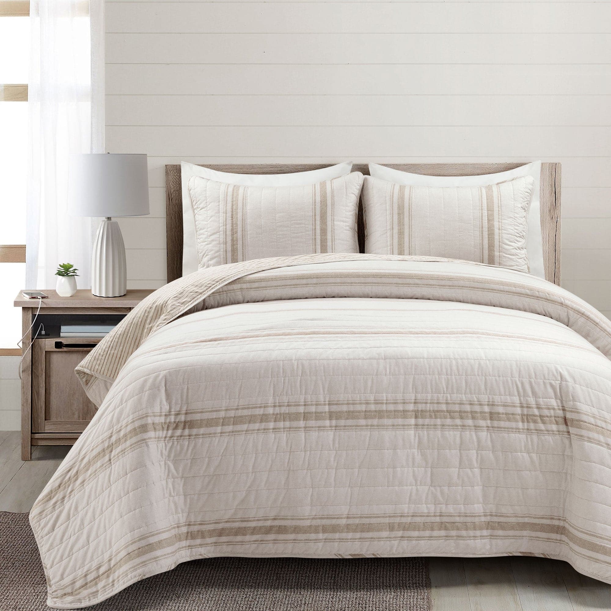 Farmhouse Stripe Reversible Cotton Quilt Set - King Size, Soft & Breathable Bedding for All Seasons - Perfect for Cozy Bedrooms, Guest Rooms & Vacation Homes