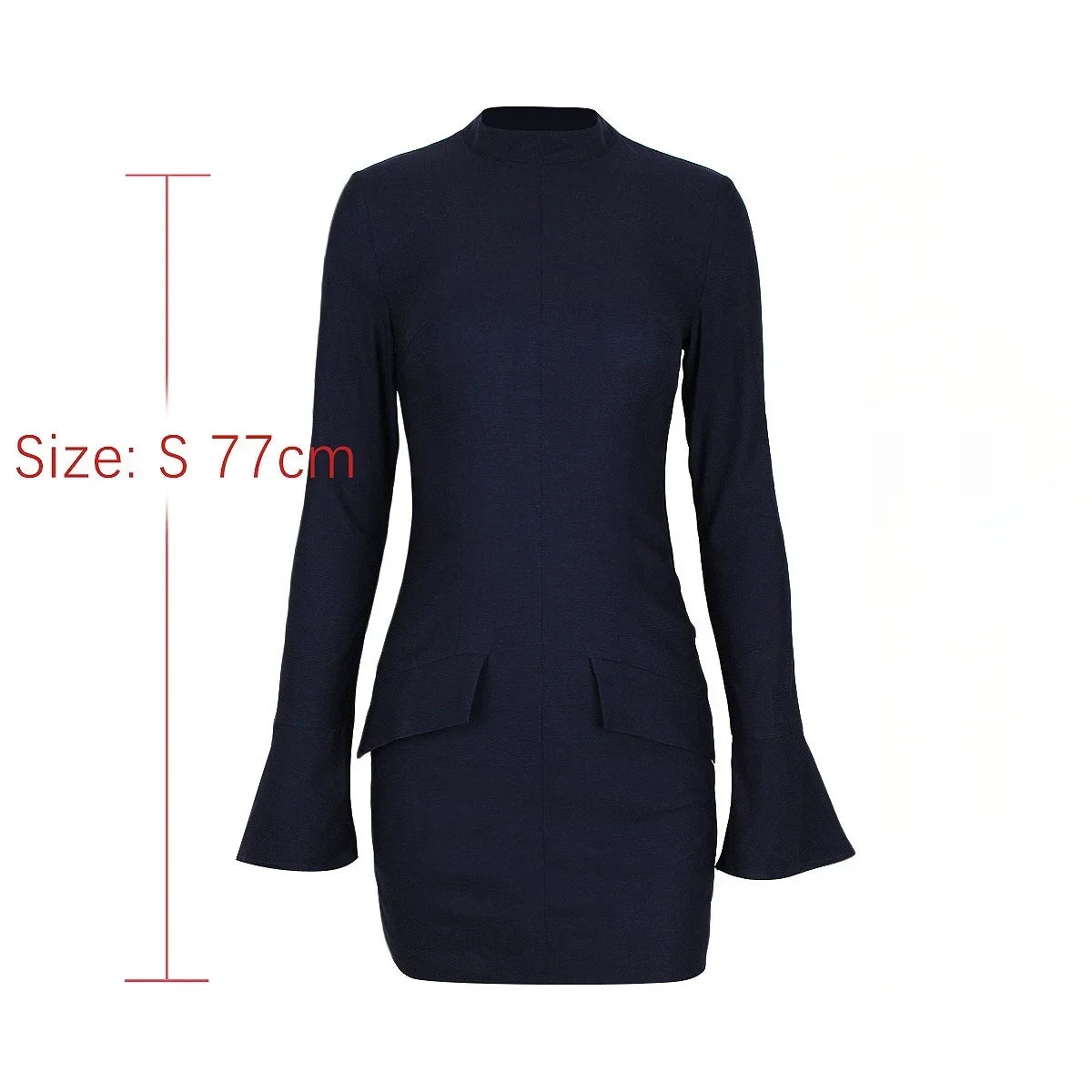 2023 Women's Navy Stand Collar Flare Sleeve Long Dress - Office & Casual Slim Fit Winter Dress for Work, Parties & Holiday Events
